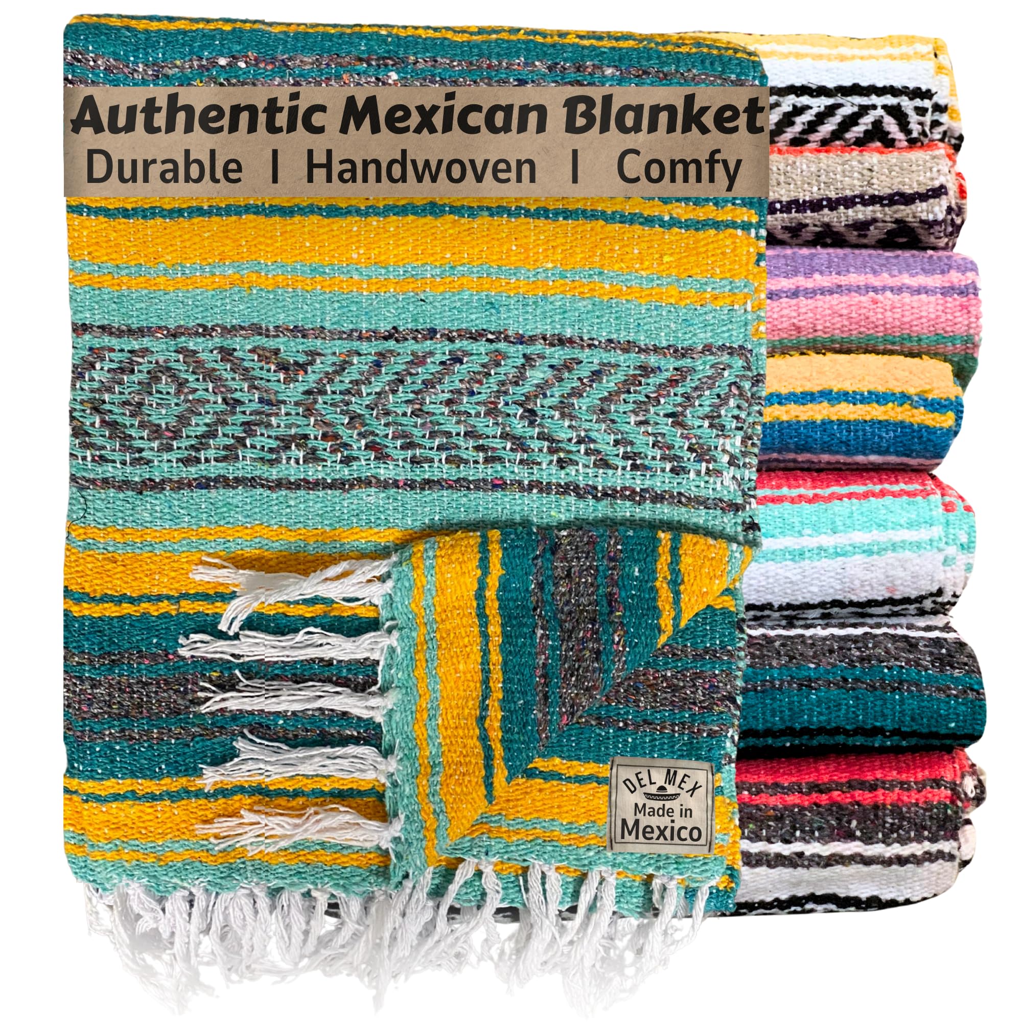 Del Mex Classic Mexican Blanket, Large Authentic Woven Falsa Throw (75'X50'), Artisan Southwest D?Or For Beach, Yoga, Outdoors