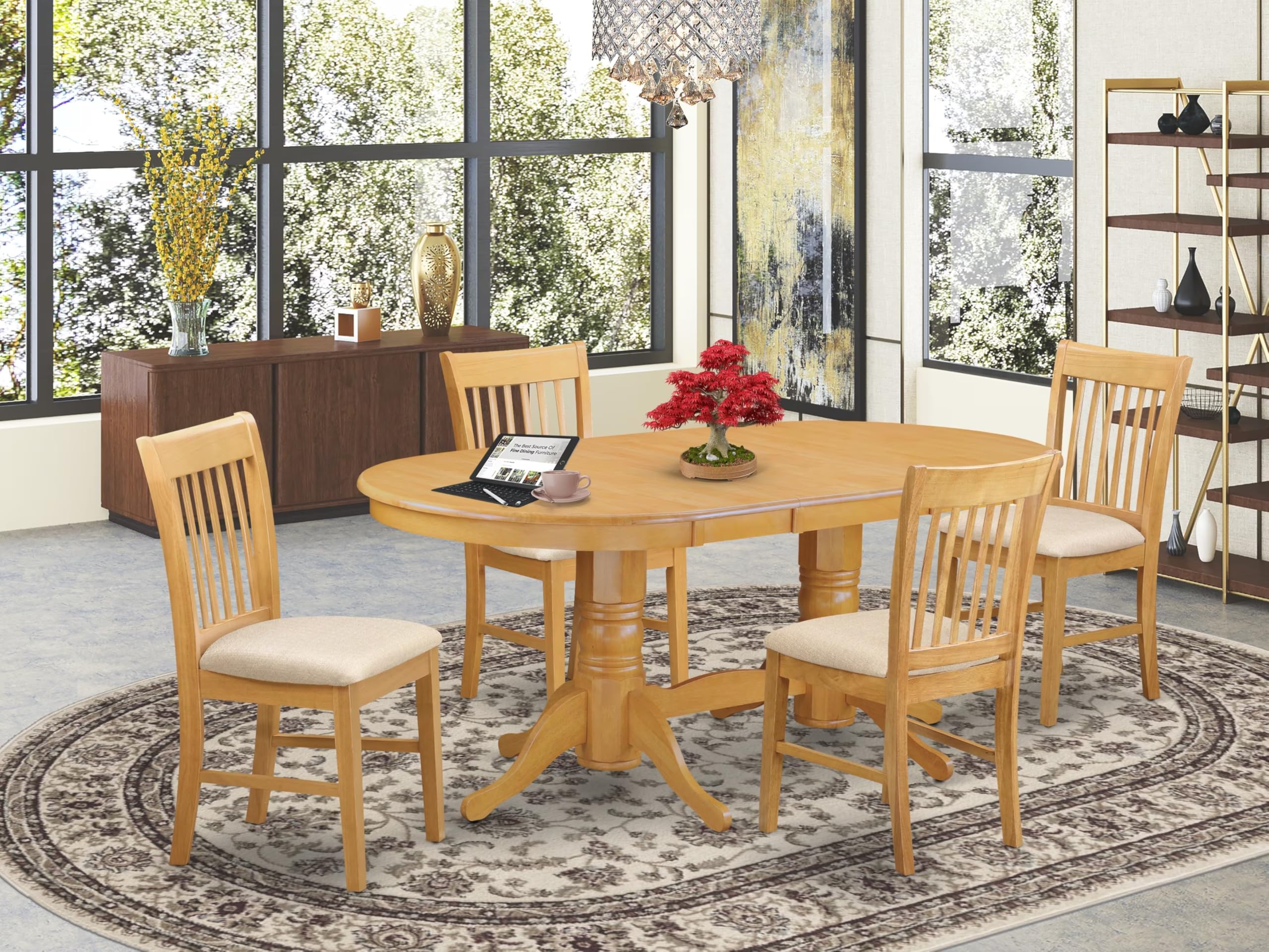 East West Furniture VANO5-OAK-C 5 Piece Dining Set Includes an Oval Dining Room Table with Butterfly Leaf and 4 Linen Fabric Upholstered Kitchen Chairs, 40x76 Inch, Oak