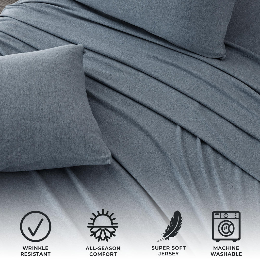 3 Piece Jersey Knit Twin Cotton Blend Blue Sheet Set | Ultra-Soft T-Shirt Jersey Bedding Sheets & Pillowcases | Heathered, Breat