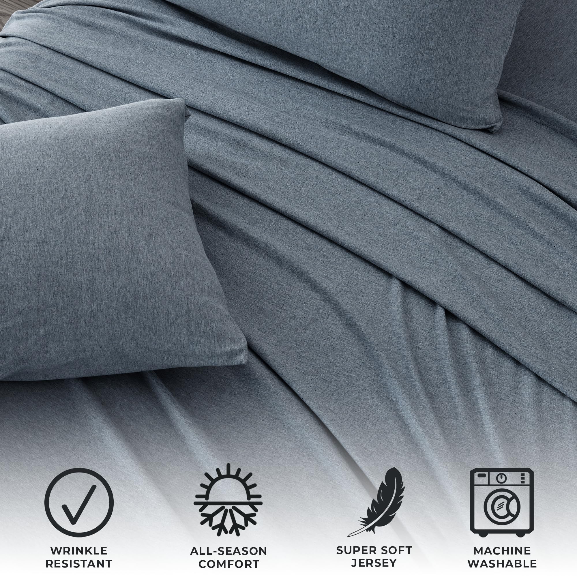 Great Bay Home King Cotton Jersey Knit Sheet Set - Ultra-Soft Heathered Denim Blue T-Shirt Style Bed Sheets & Pillowcases