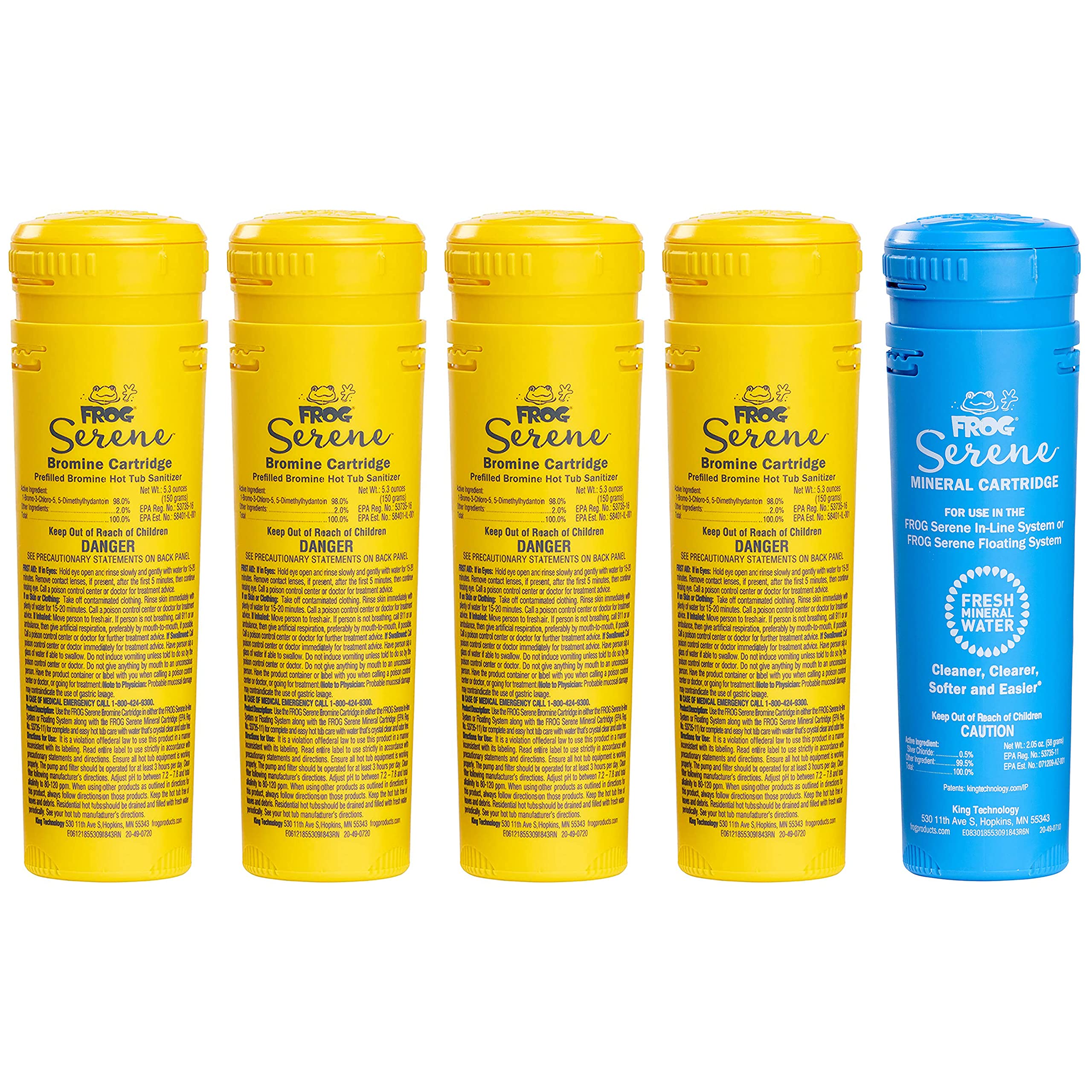 Frog Serene Mineral Replacement Cartridge + 4 Bromine Cartridges For Hot Tubs, For Use Only With Frog Serene Floating Sanitizing