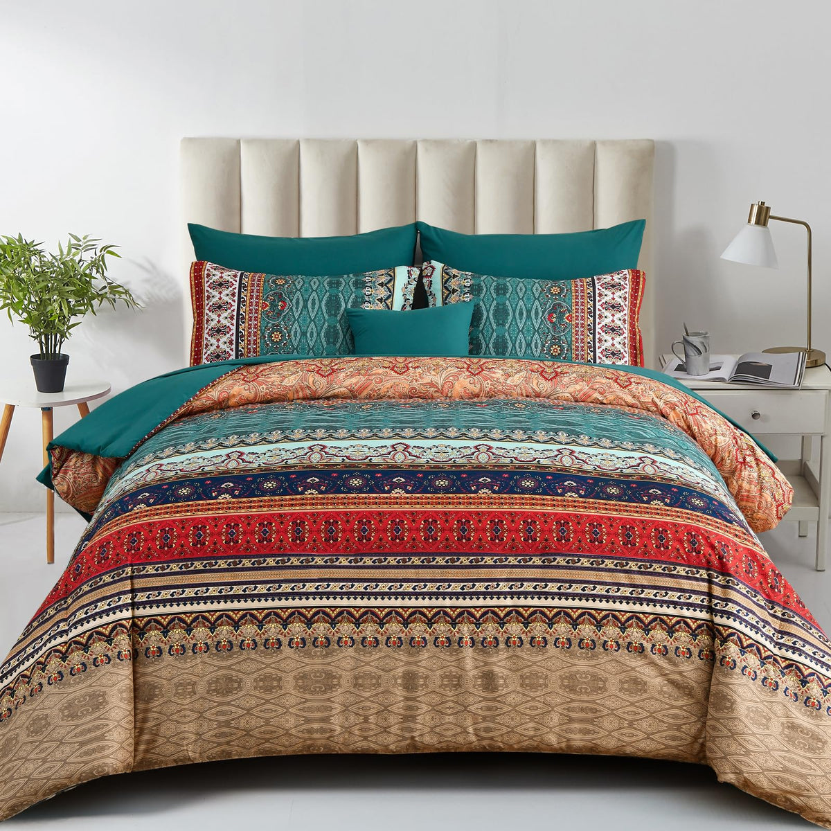 Boho King Size Comforter Set 8 Pieces,Green And Brown Bohemian Striped Bed In A Bag,Floral Soft Microfiber Bedding Comforter Set