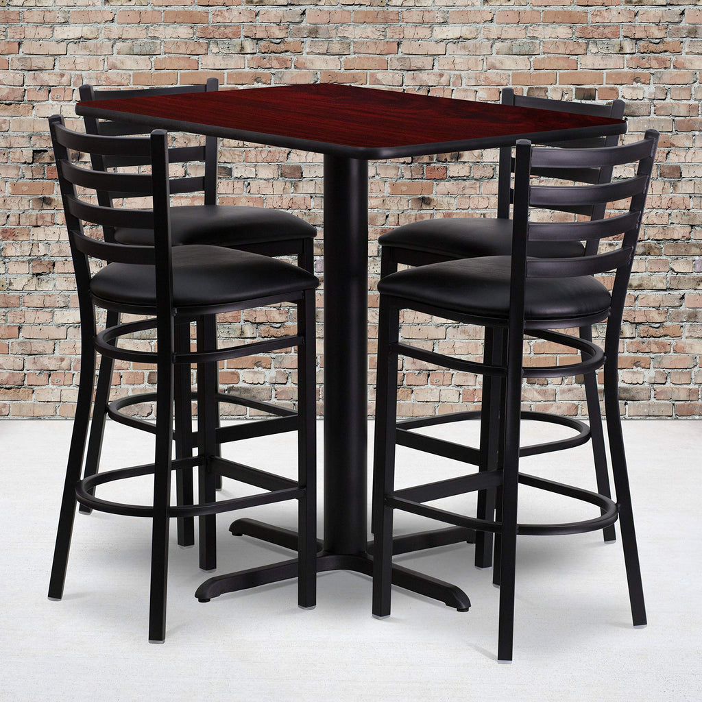 Flash Furniture 24''W x 42''L Rectangular Mahogany Laminate Table Set with 4 Ladder Back Metal Barstools - Black Vinyl Seat