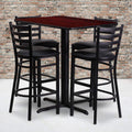 Flash Furniture 24''W x 42''L Rectangular Mahogany Laminate Table Set with 4 Ladder Back Metal Barstools - Black Vinyl Seat