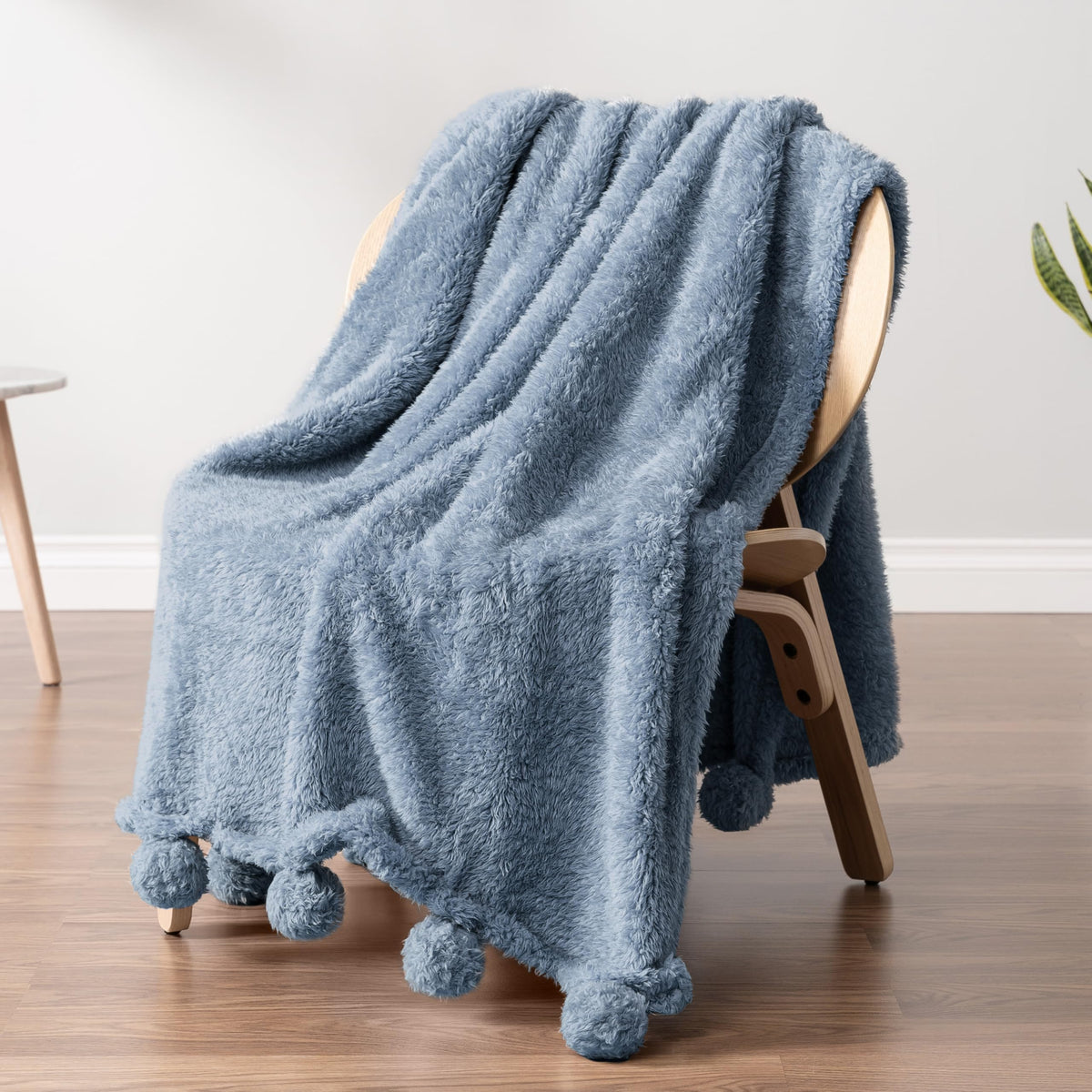 Pavilia Blue Sherpa Throw Blanket For Couch, Warm Plush Pom Pom Blanket Throw, Dusty Blue Fuzzy Sofa Throw, Lightweight Soft Coz