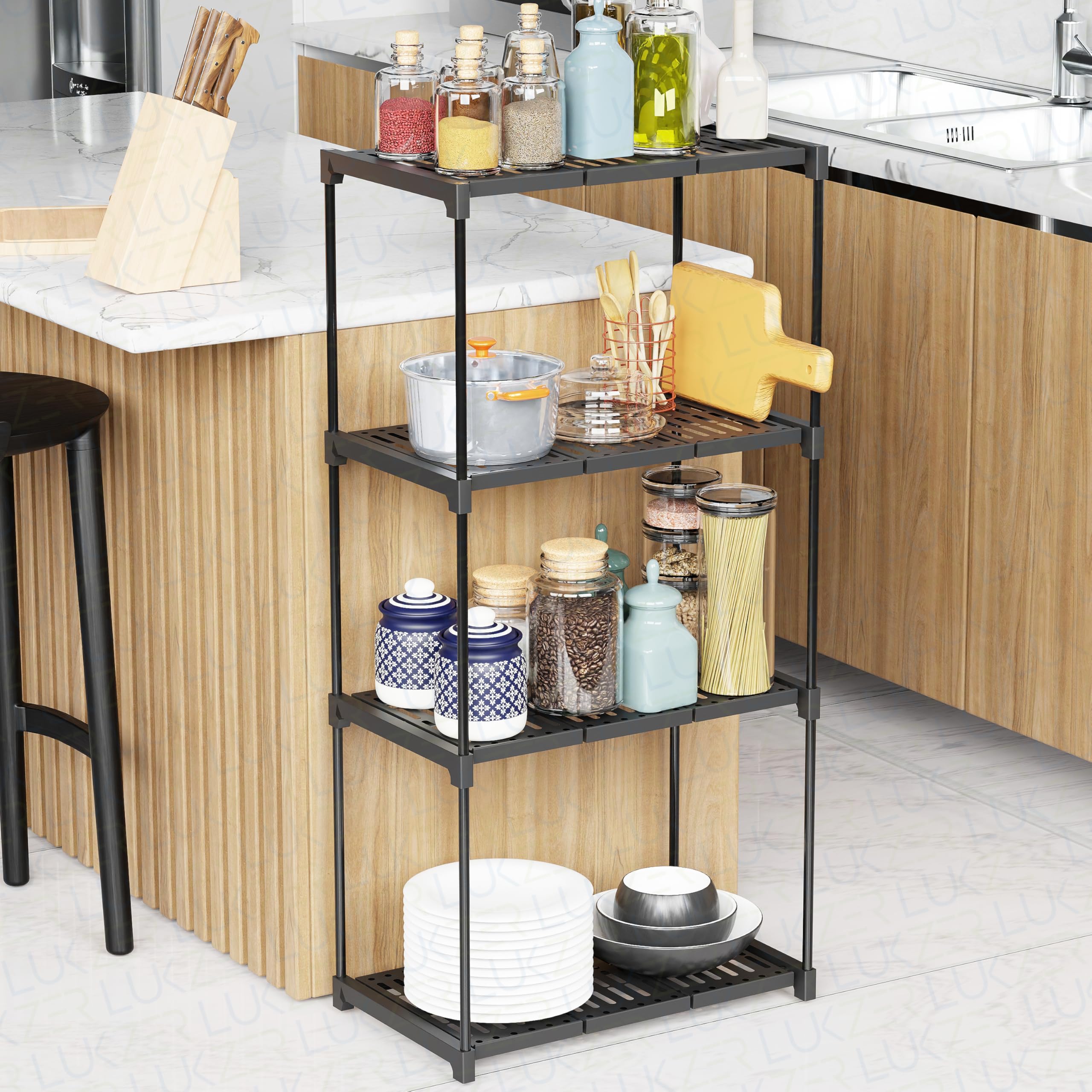 Lukzer 4Layer Plastic & Metal Multipurpose Organizer Rack Black  Freestanding Utility Shelf For Kitchen, Pantry, Bathroom, Lau