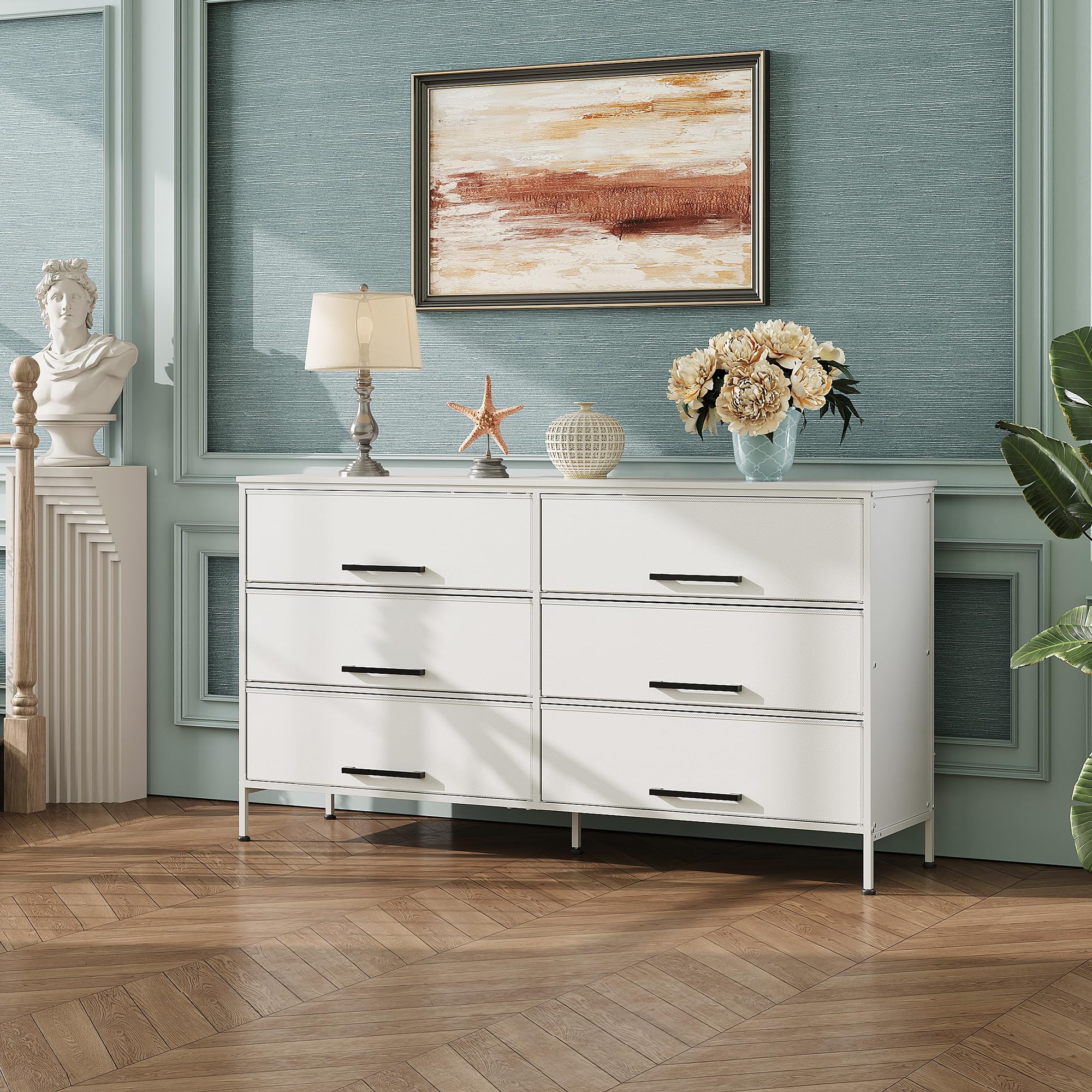 Wlive Wide Fabric Dresser, 6 Drawer Dresser Tv Stand For 68' Tv, Dressers Bedroom Furniture Large Storage Tower Unit With Fabric Bins, White Dresser For Bedroom, Closet, Hallway, White