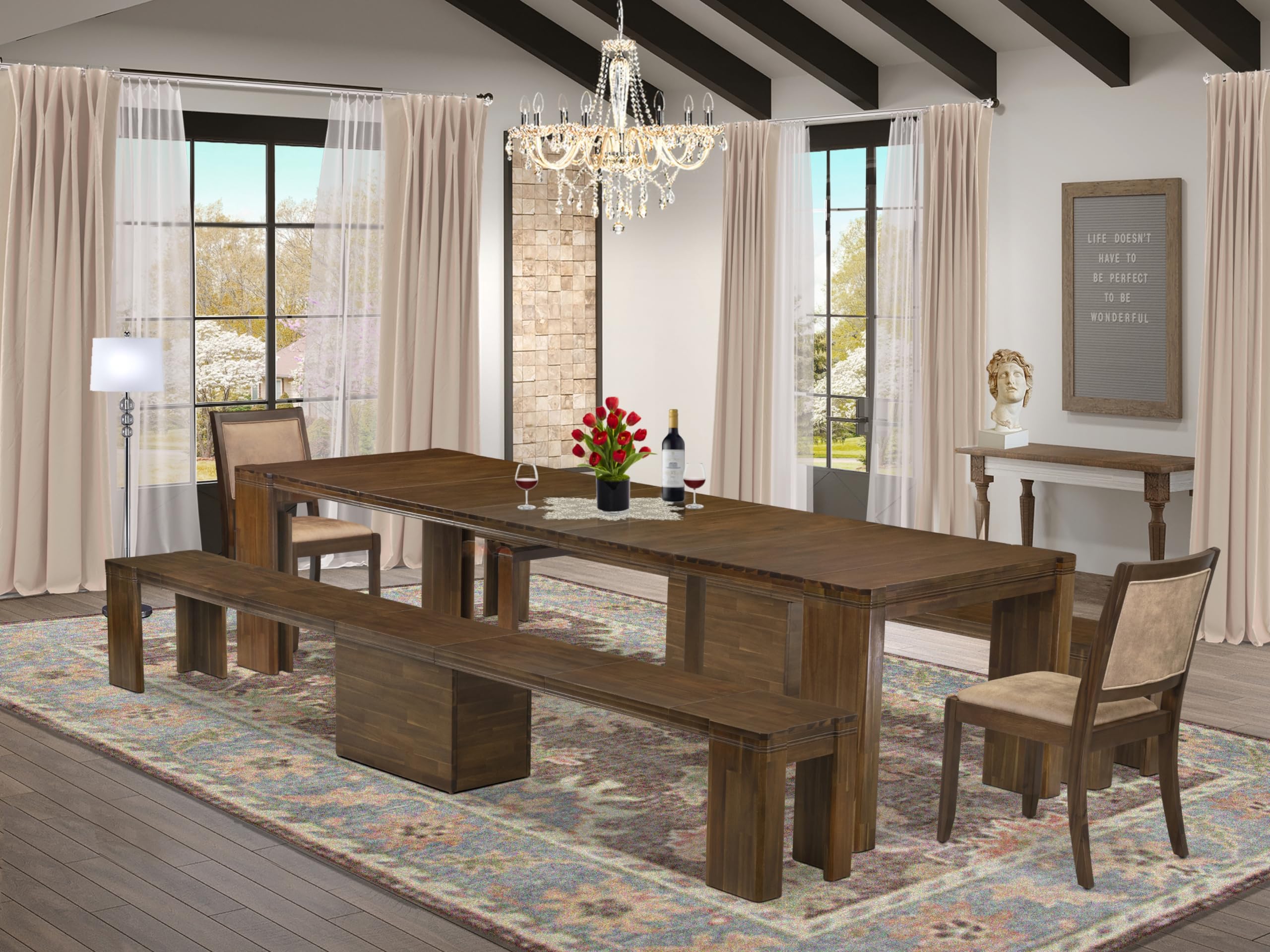 Luxe by East West Furniture - X02X2-208-28 - 5 Pieces Modern Dining Set contains an Extendable Rectangle Kitchen Table, 2 Stackable Dining Chairs and 2 Modern Benches, 39x120 Inch, Antique Walnut