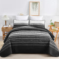 Djy Black Striped Quilt Set Queen Size, Boho Stripe Patchwork Bedspread Coverlet Set Soft Microfiber Quilt Bedding Set 3 Pieces