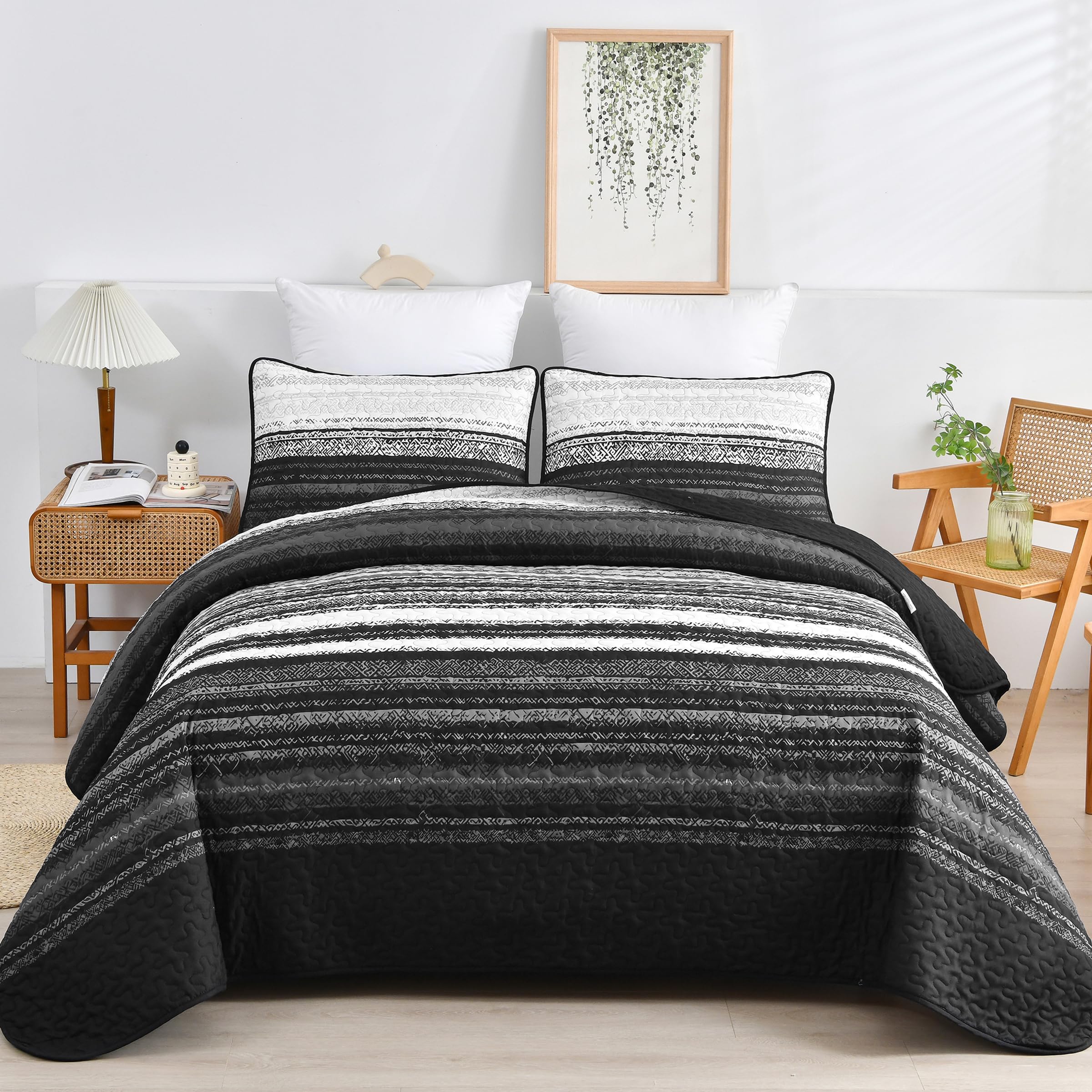 Djy Black Striped Quilt Set Queen Size, Boho Stripe Patchwork Bedspread Coverlet Set Soft Microfiber Quilt Bedding Set 3 Pieces