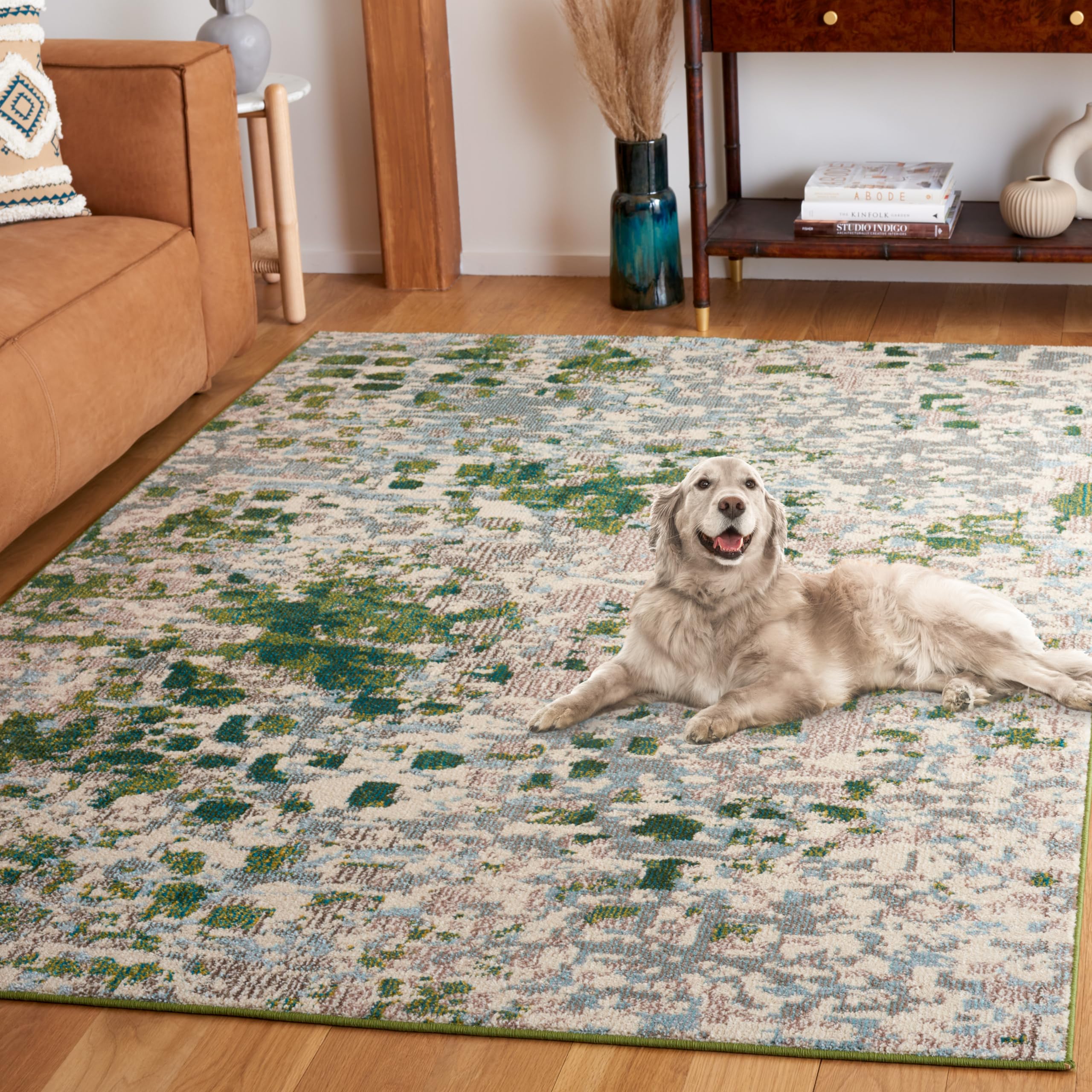 SAFAVIEH Monaco Collection Area Rug - 9 x 12, Green & Blue, Contemporary Design, Slip Resistant & Stain Resistant, Ideal for H