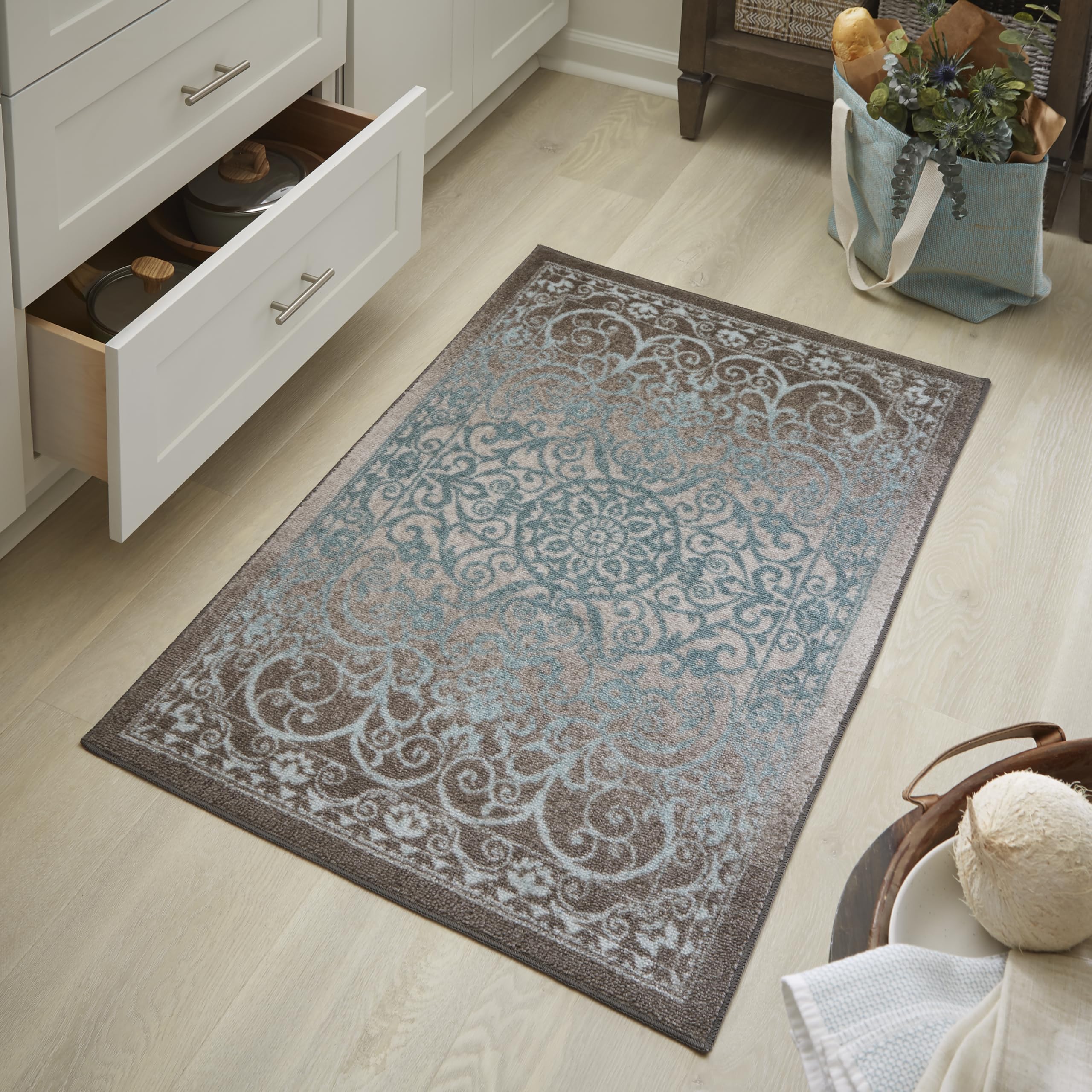 Maples Rugs Pelham Vintage Kitchen Rugs Non Skid Accent Area Carpet [Made in USA], 26 x 310, Grey/Blue, Model:AG4055402