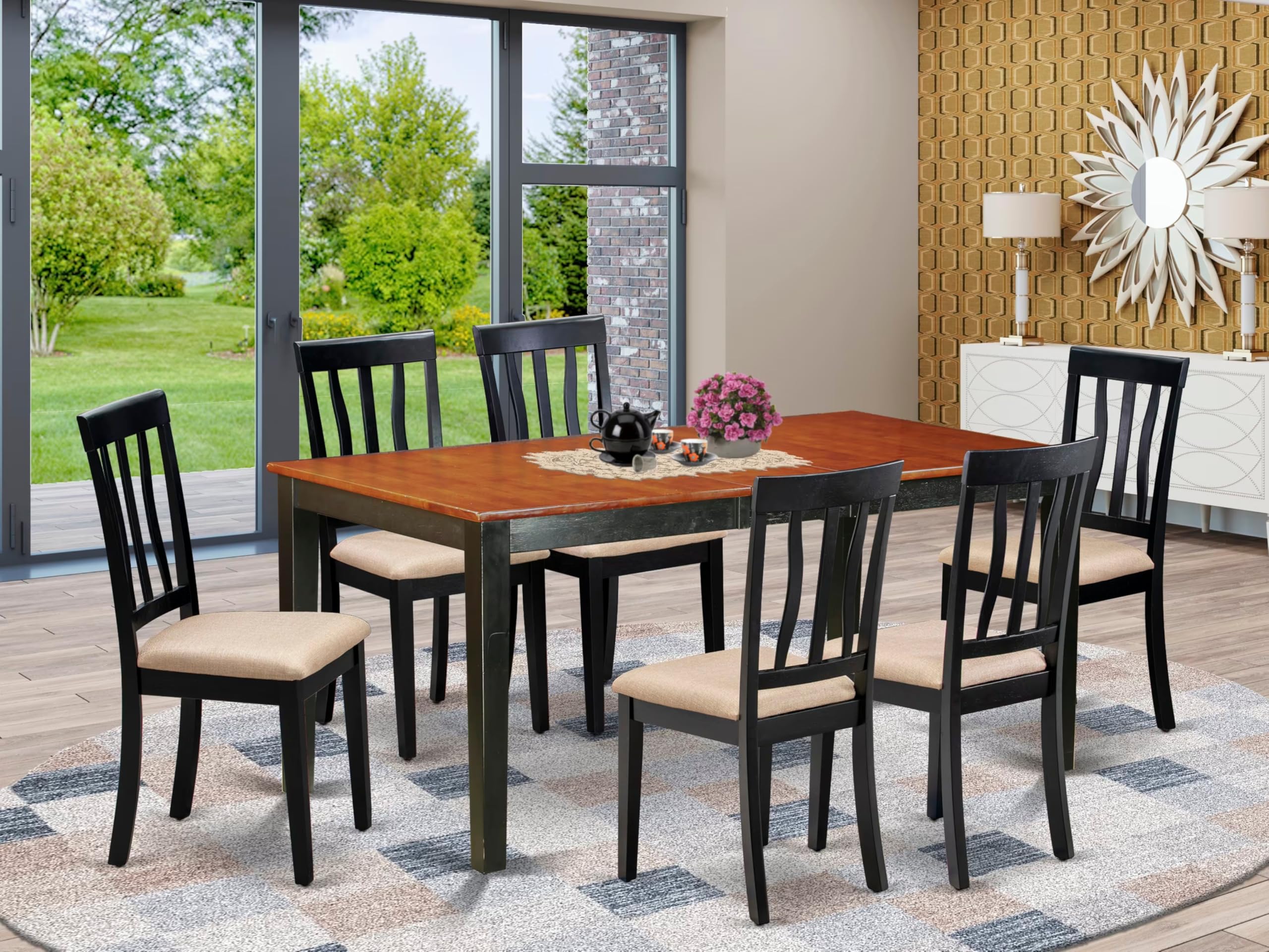 East West Furniture NIAN7-BCH-C 7 Piece Modern Dining Table Set Consist of a Rectangle Wooden Table with Butterfly Leaf and 6 Linen Fabric Upholstered Chairs, 36x66 Inch, Black & Cherry