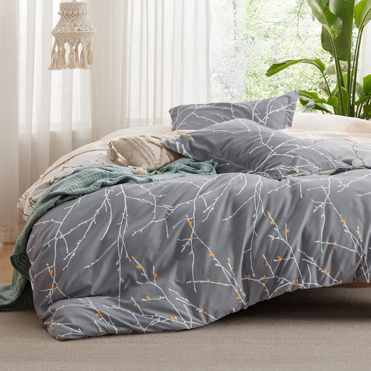 Bedsure Tree Branch Duvet Cover King - Botanical Duvet Cover Set With Zipper Closure, Grey Bedding Set, 3 Pieces, 1 Reversible D