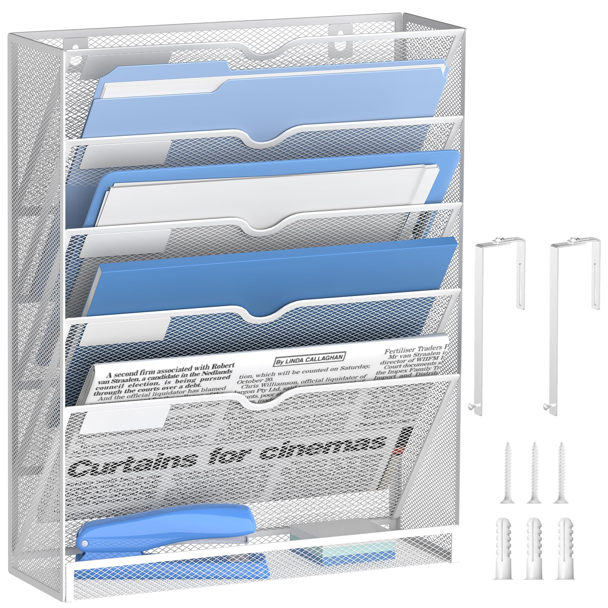 Daltack Wall File Holder 6 Tier Hanging Wall File Organizer With Hooks, For Papers Mails Folders Clipboard Magazine Organization