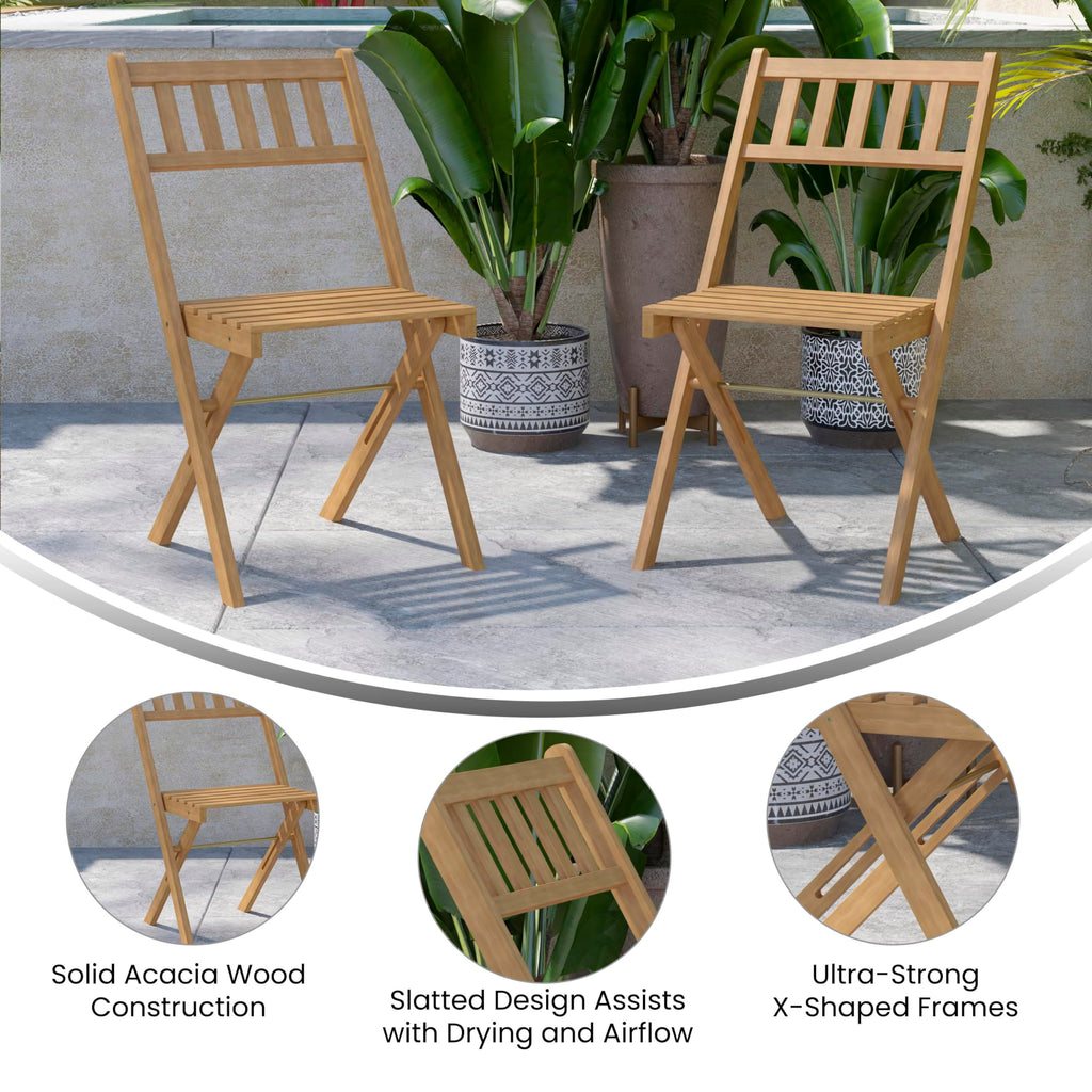 Flash Furniture Martindale Indoor/Outdoor Folding Acacia Wood Bistro Chairs - Natural Finish - X Base Frame - Slatted Back and Seat - For Porch, Patio, or Sunroom