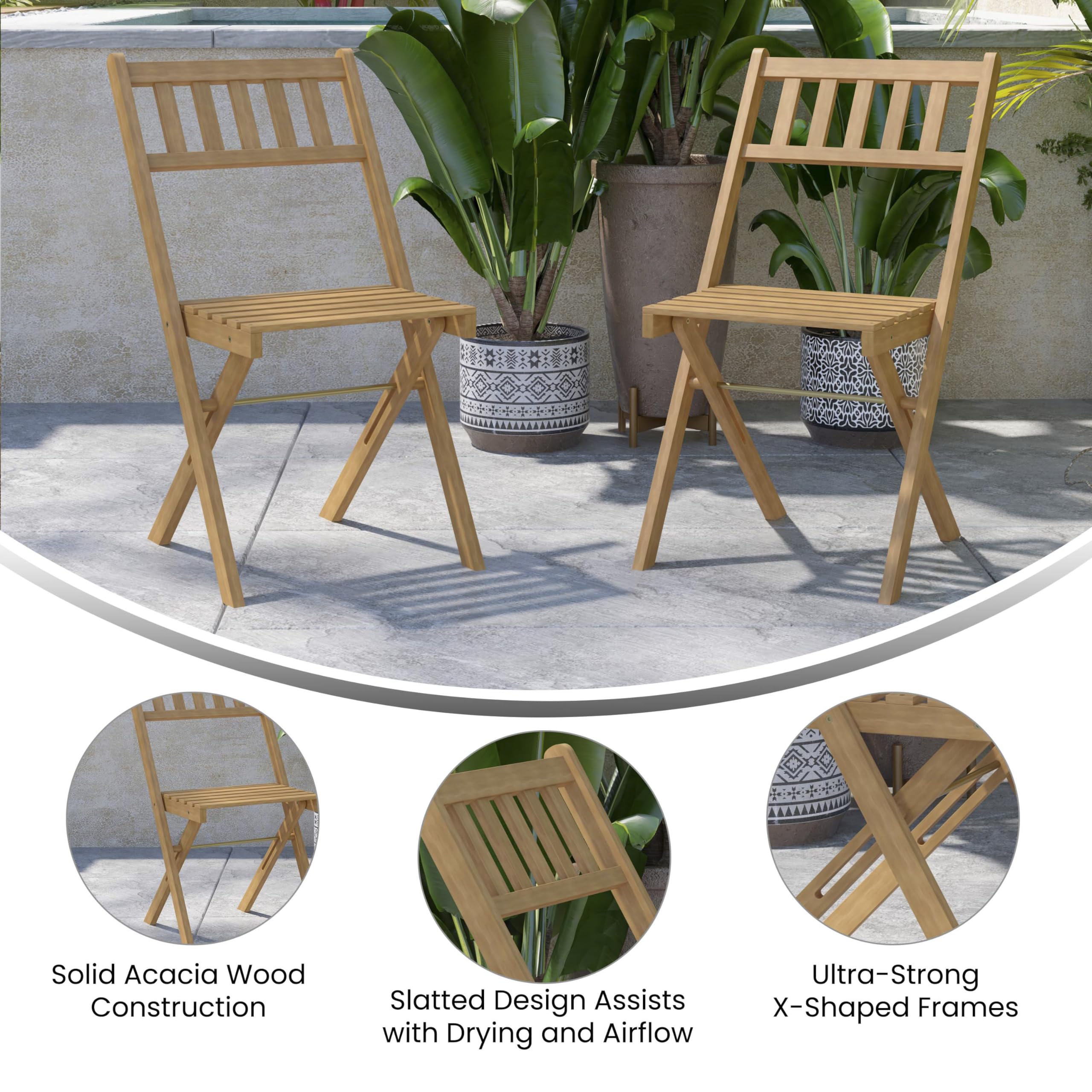 Flash Furniture Martindale Indoor/Outdoor Folding Acacia Wood Bistro Chairs - Natural Finish - X Base Frame - Slatted Back and Seat - For Porch, Patio, or Sunroom