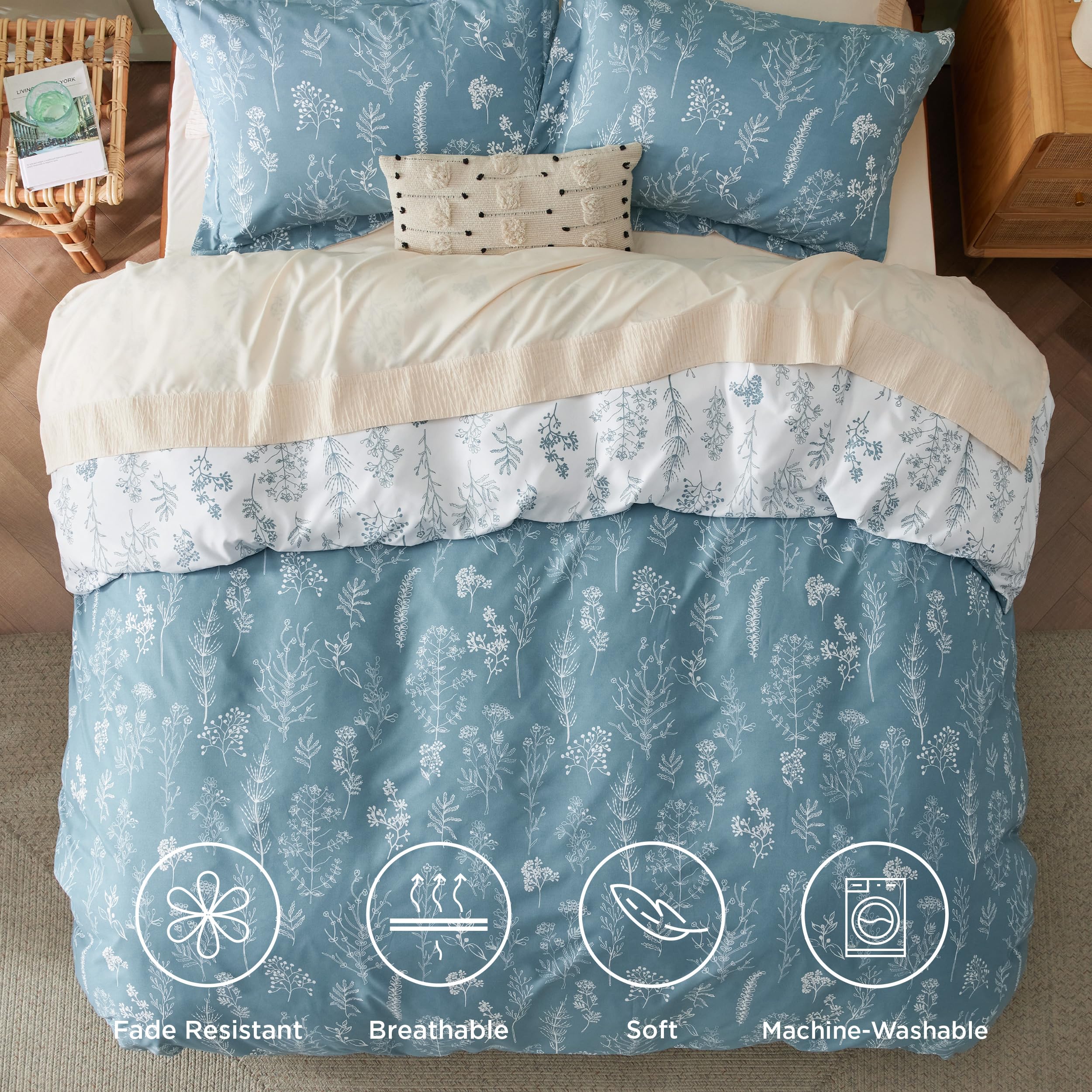 Bedsure Duvet Cover King Size - Reversible Floral Duvet Cover Set With Zipper Closure, Mineral Blue Bedding Comforter Cover, 3 Pieces, 1 Duvet Cover 104'X90' And 2 Pillow Shams 20'X36'