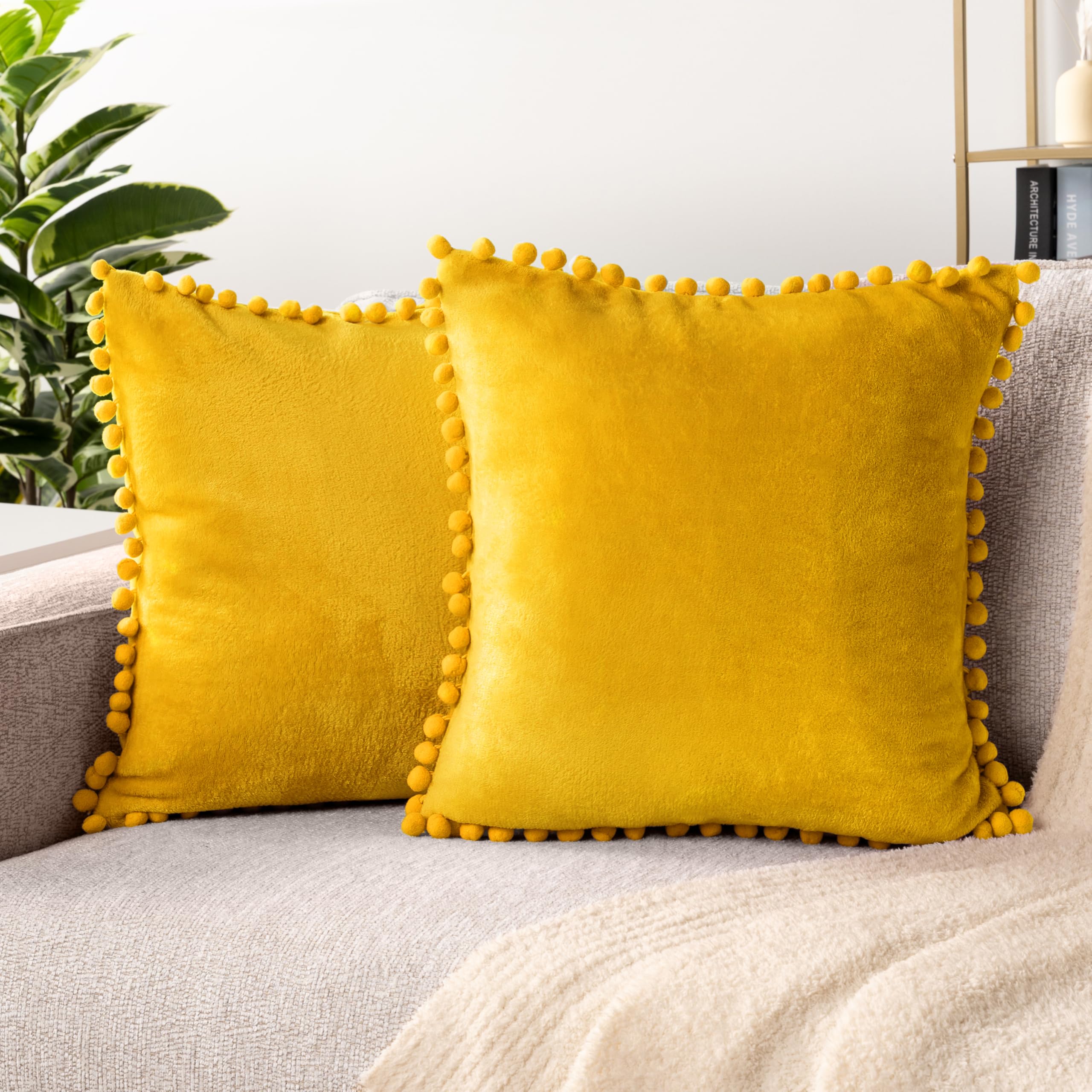 Pavilia Mustard Yellow Throw Pillow Covers With Pom Pom 18X18 Set Of 2, Decorative Pillow Cases For Bedroom Aesthetic, Small Thr