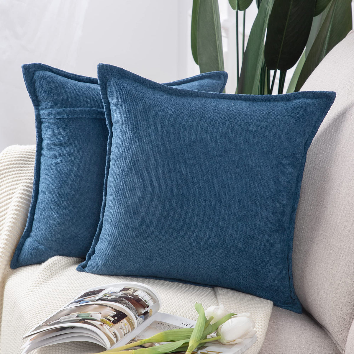 Madizz Set Of 2 Short Chenille Throw Pillow Covers 16X16 Inch Denim Blue Soft Decorative Cushion Cover For Sofa Bedroom Pillow S