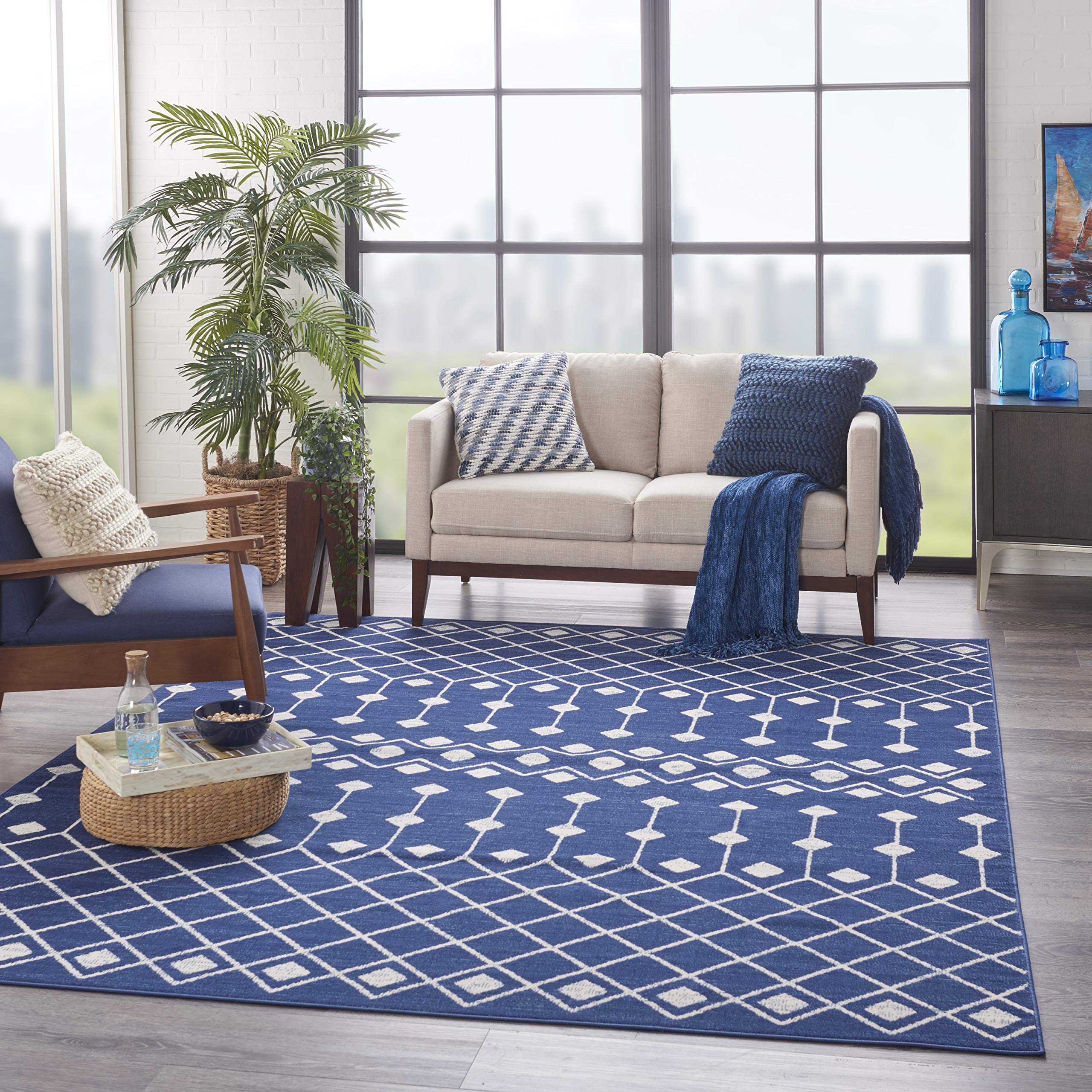 Nourison Grafix Moroccan Navy 8'6' X 12' Area Rug, Easy Cleaning, Non Shedding, Bed Room, Living Room, Dining Room, Kitchen (9X