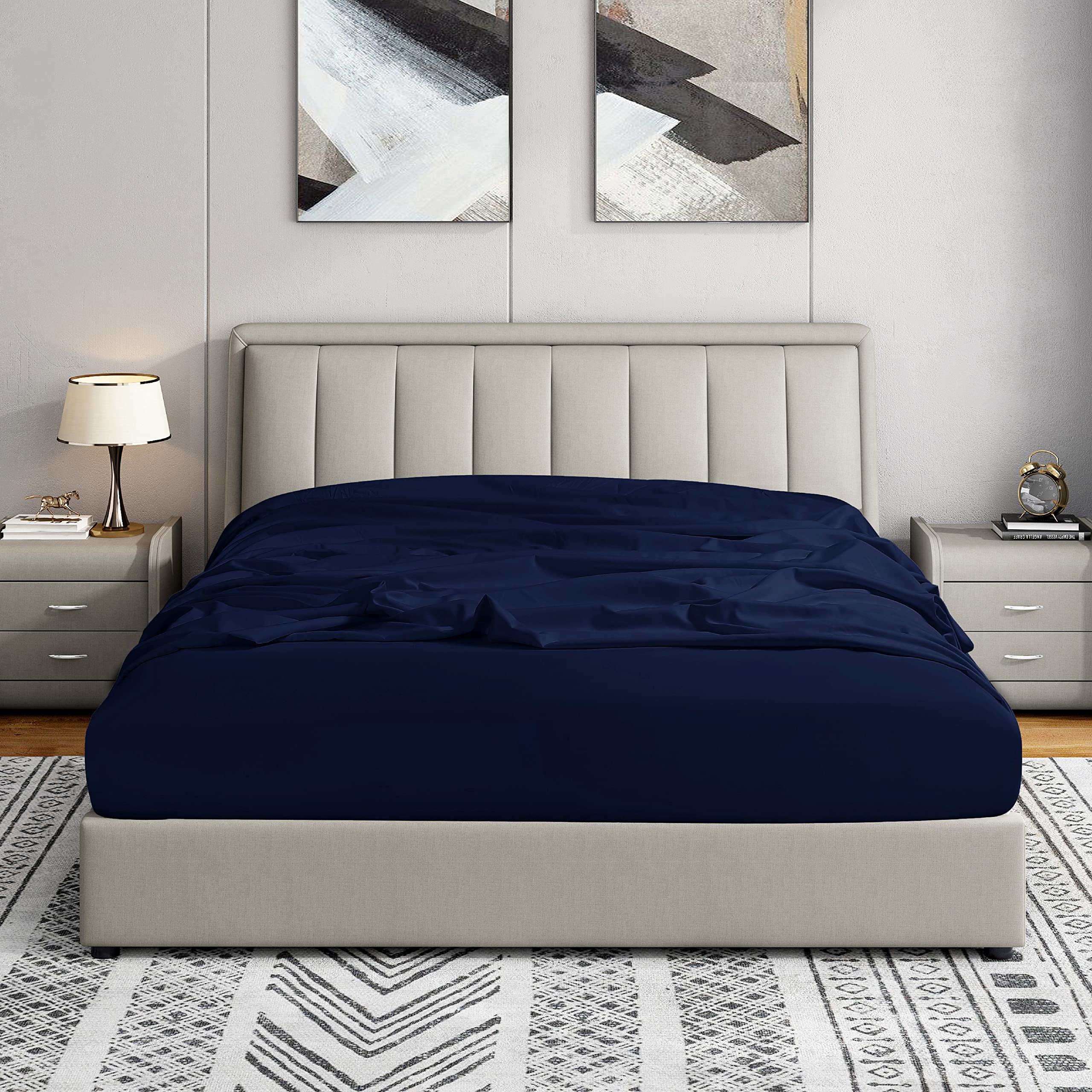 Cathay Home Twin Fitted Sheet - Double Brushed Ultra Soft – Wrinkle & Fade Resistant - 16' Deep Pocket Fitted Sheet Only - Good Fit For 14'-18' Deep Mattress (Twin, Navy)