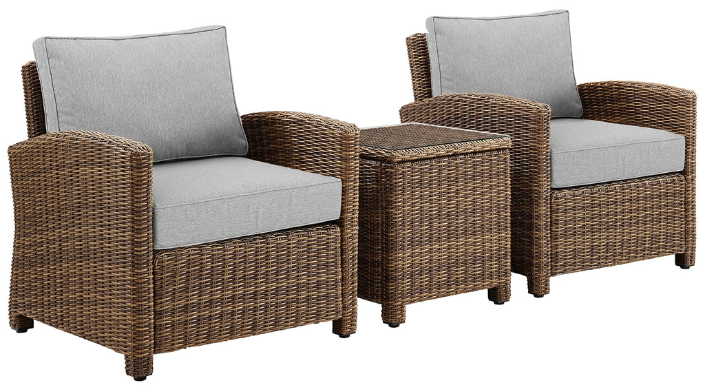 Crosley Furniture Bradenton 3-Piece Outdoor Chair and Side Table Set, Wicker Patio Conversation Sets, Brown with Gray Cushions