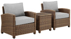 Crosley Furniture Bradenton 3-Piece Outdoor Chair and Side Table Set, Wicker Patio Conversation Sets, Brown with Gray Cushions