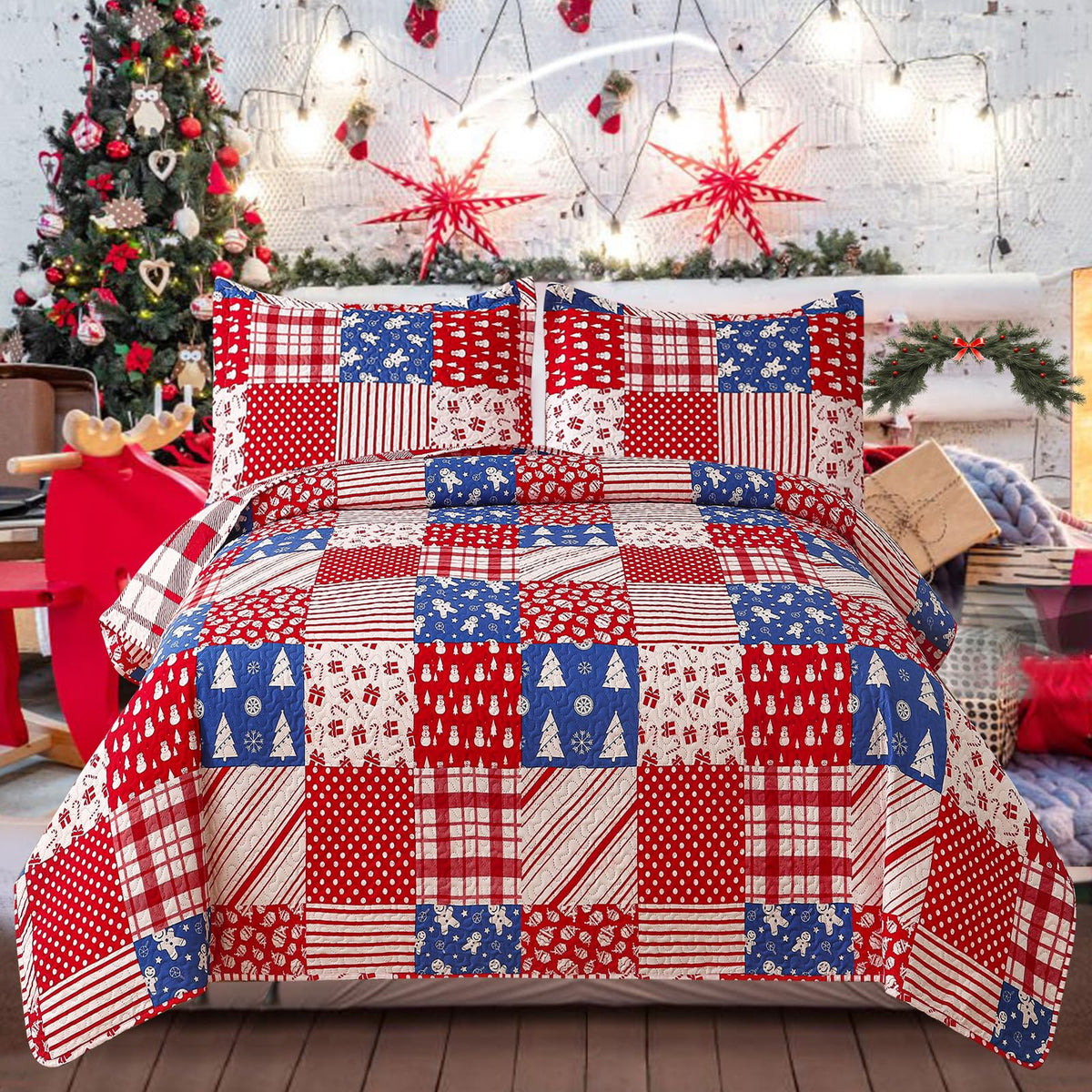 Chesity Christmas Bedding Quilts Set Twin Size Reversible Xmas Bedspread Red Plaid Bedding Breathable Christmas Tree Gift Box Sn