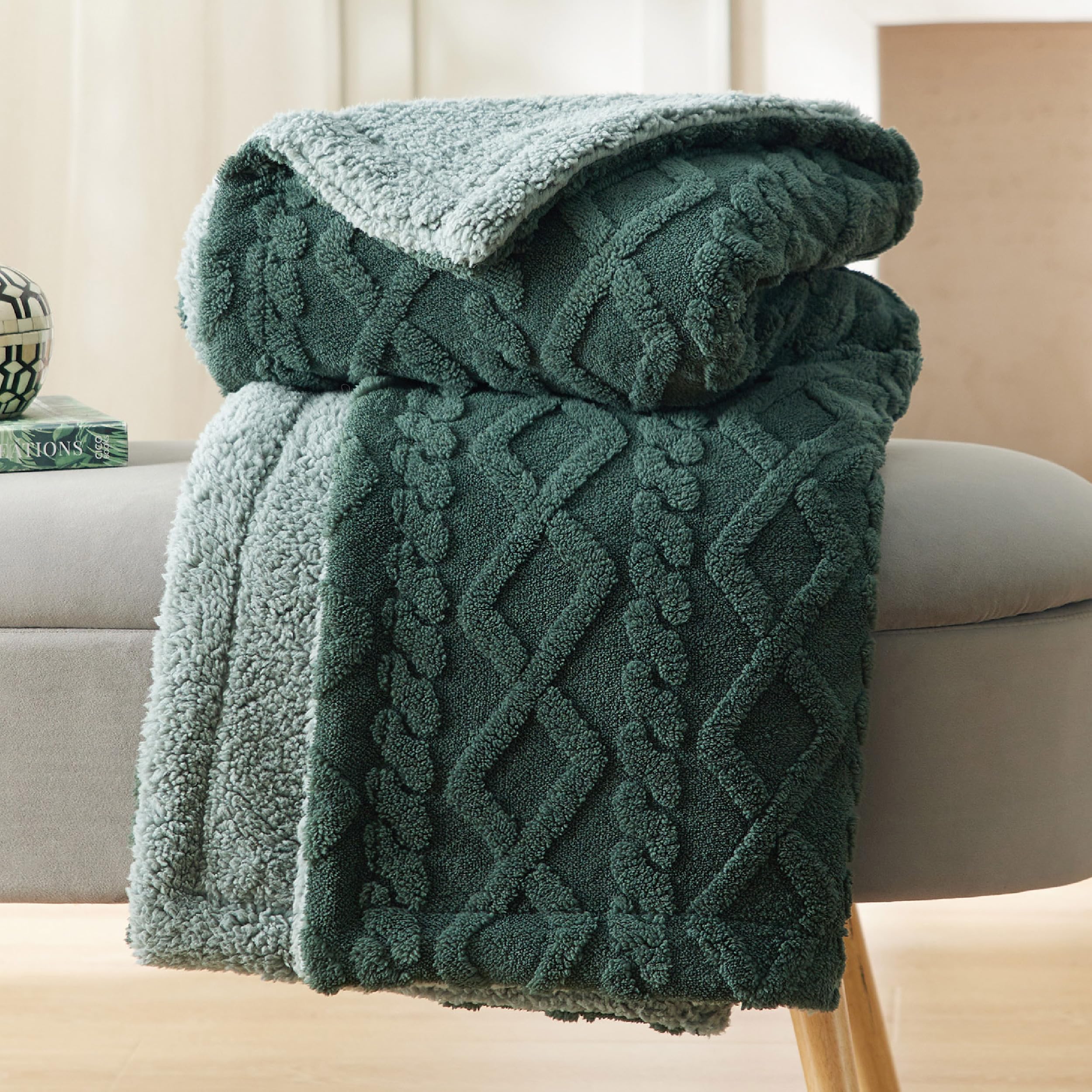 Bedsure Sherpa Throw Blanket For Couch Sofa - Fuzzy Soft Cozy Blanket For Bed, Fleece Thick Warm Blanket For Winter, Dark Green