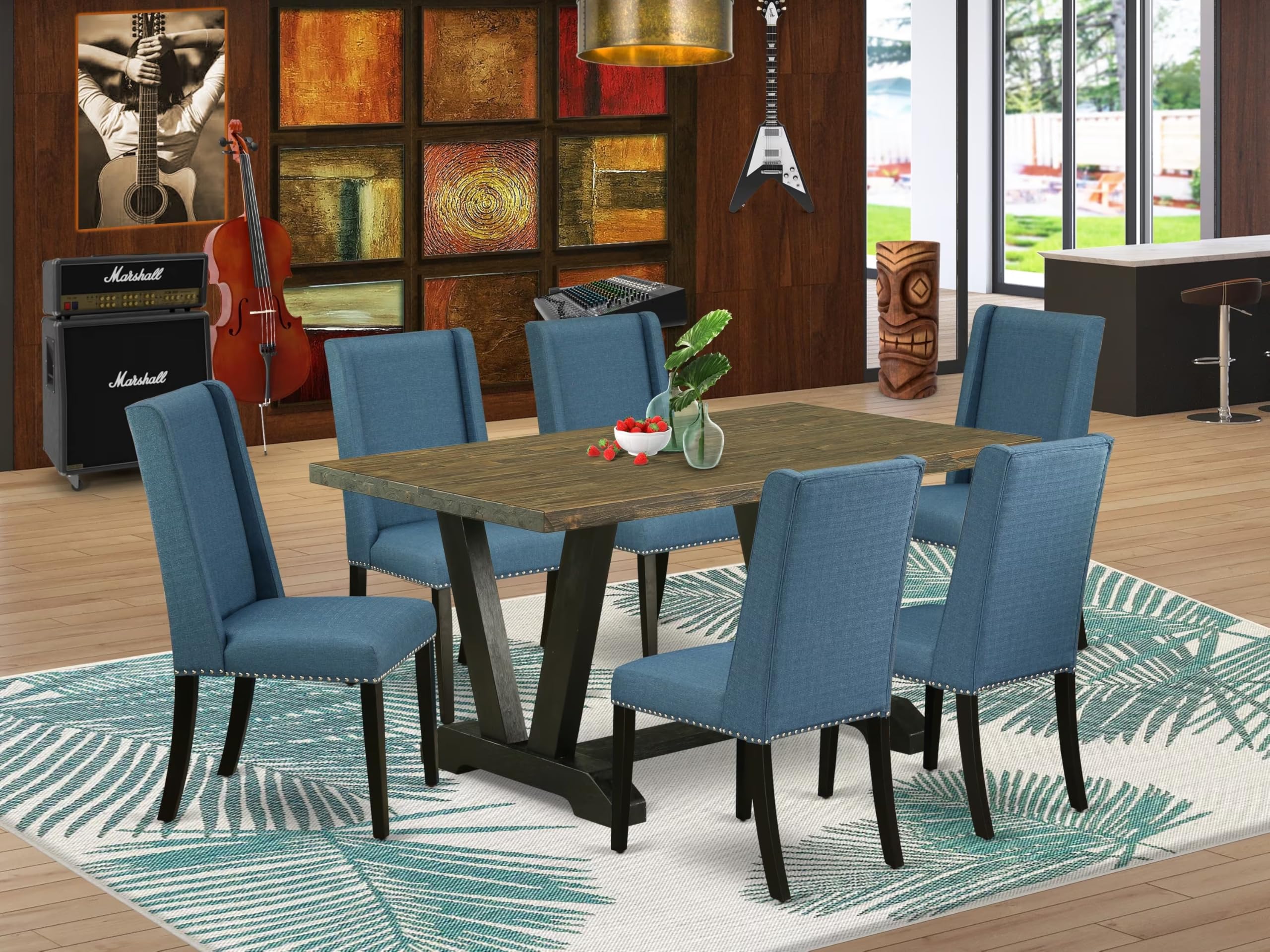 East West Furniture V676Fl121-7 7 Piece Dining Room Table Set Consist Of A Rectangle Dining Table With V-Legs And 6 Blue Linen Fabric Upholstered Chairs, 36X60 Inch, Multi-Color
