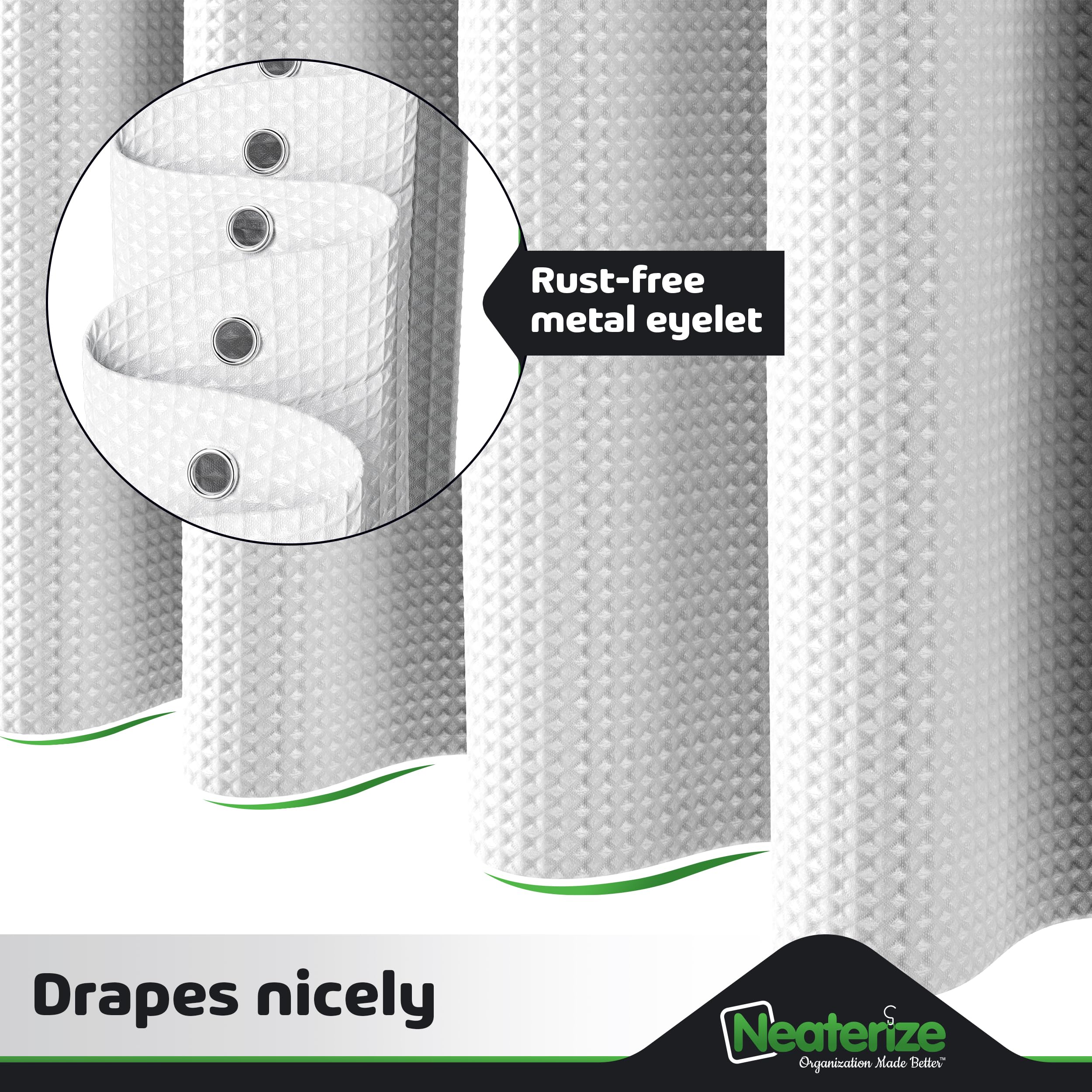 Neaterize Shower Curtain White - Hotel Style Shower Curtains For Bathroom With Waffle Design, 72X78 Inches - White Fabric Shower