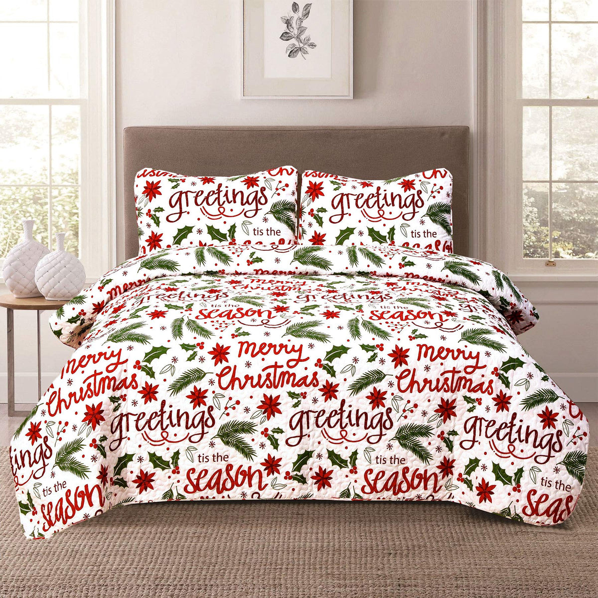Howplum Christmas Cheer Winter Script Lightweight Holiday Quilt King Bedding Set, Red Green White