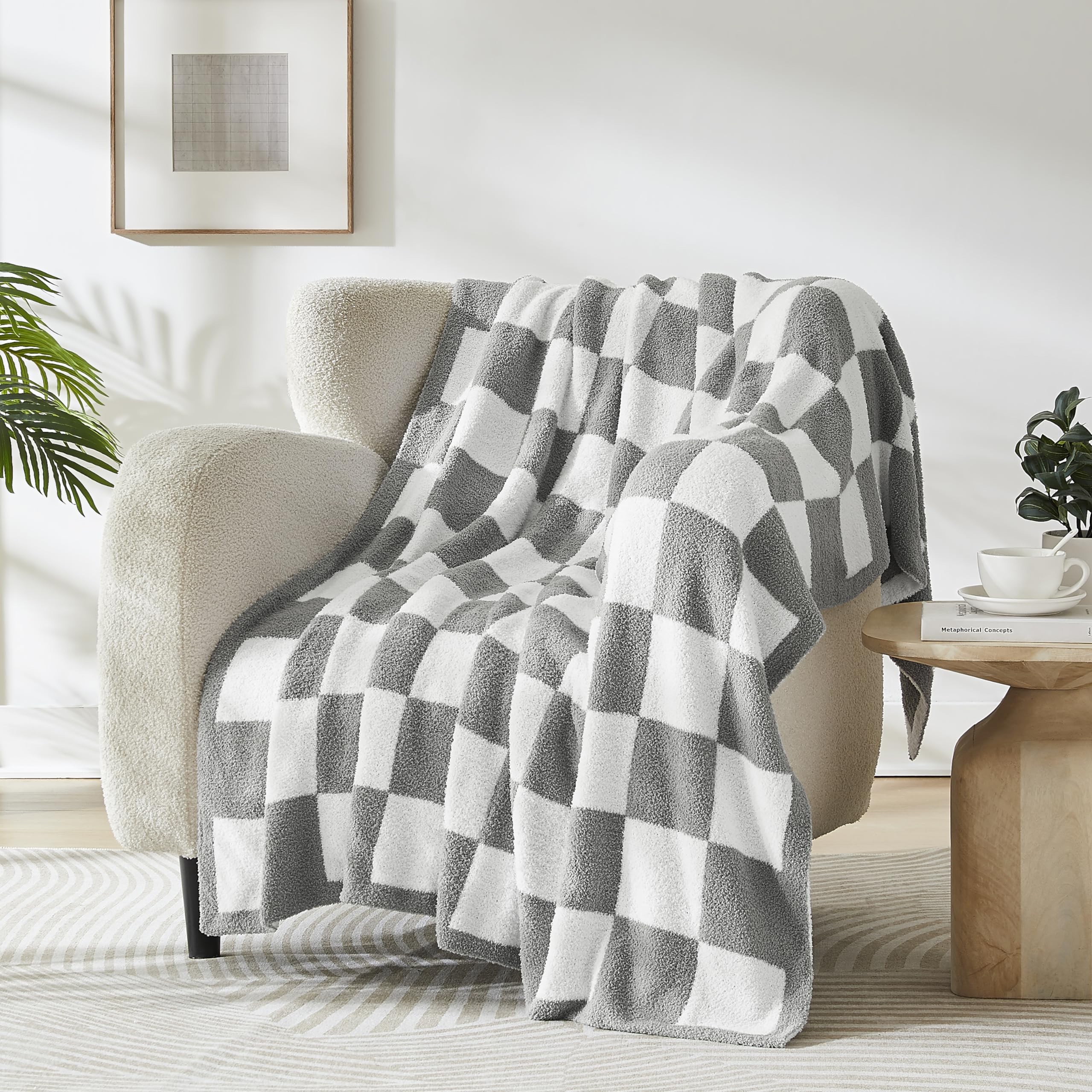 R.Share Grey And White Checkered Throw Blanket 50X70 Inch Reversible, Microfiber Soft Comfy Cozy Lightweight Fluffy Fuzzy Warm C