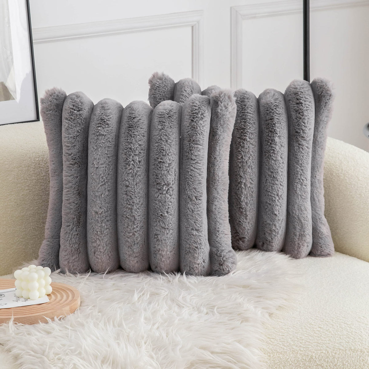 Neelvin Grey Faux Fur Cozy Soft Striped Decorative Throw Pillow Covers 20X20 Inch Set Of 2,Velvet Pillowcase Cushion Case For So