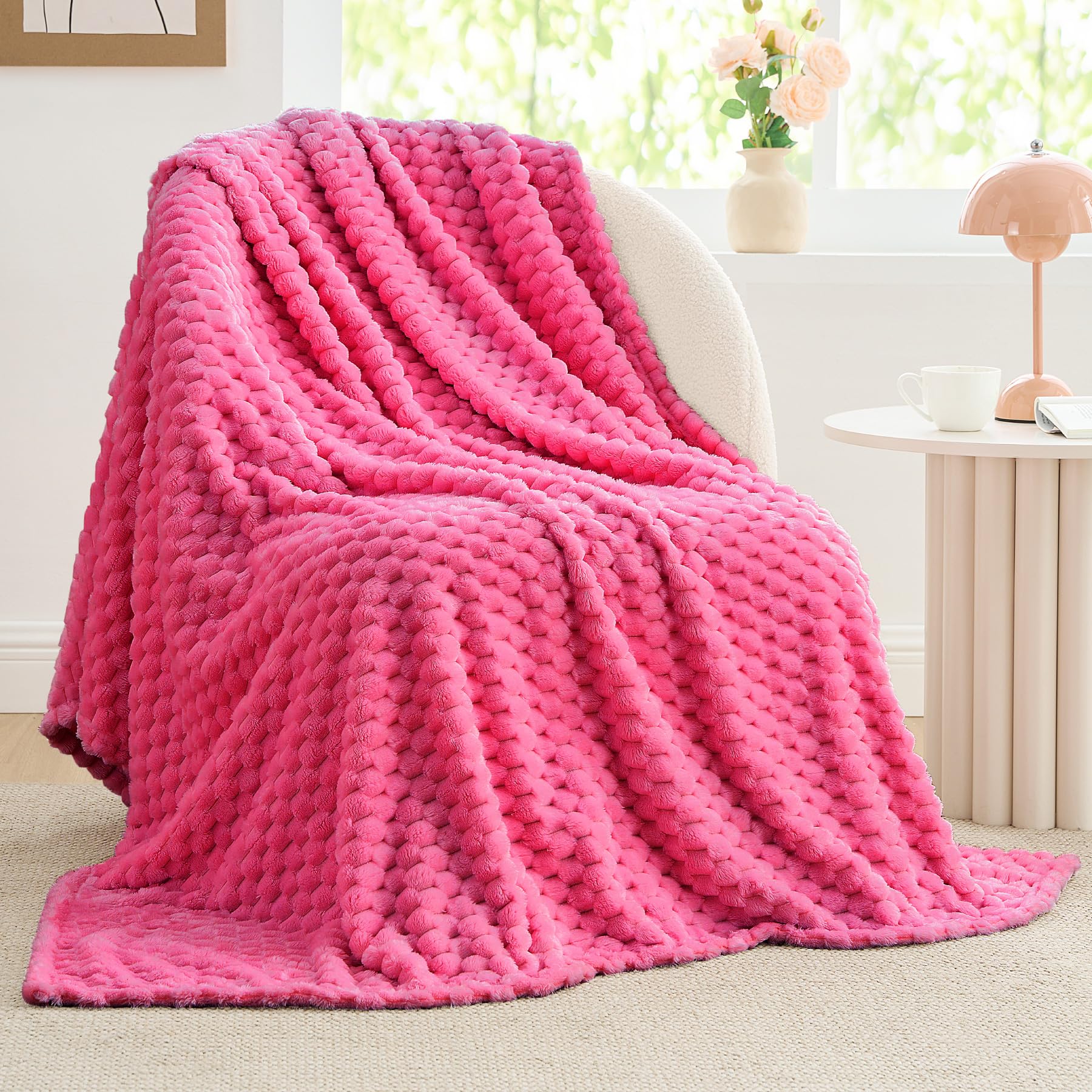 Bedelite Fleece Throw Blanket For Couch & Bed - 3D Jacquard Decorative Hot Pink Blanket, Super Soft And Cozy Warm Fuzzy Blanket