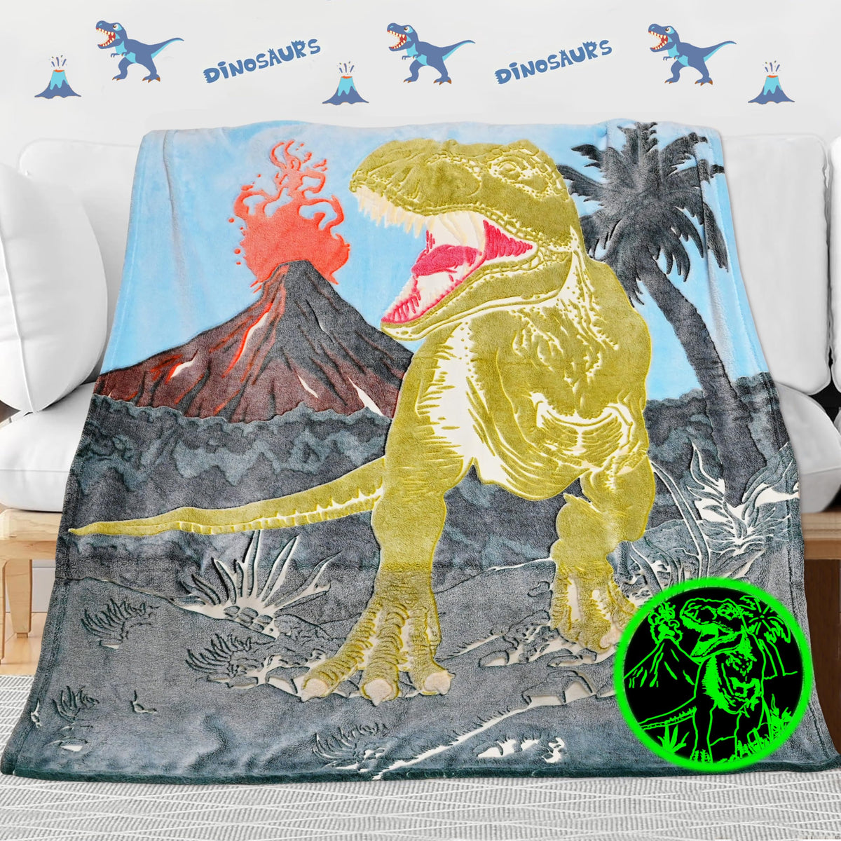 Ulikuwa Dinosaur Glow In The Dark Blanket For Kids Boys Teens T-Rex Dinosaur Blanket Birthday Dinosaur Beedroom Decor Luminous T