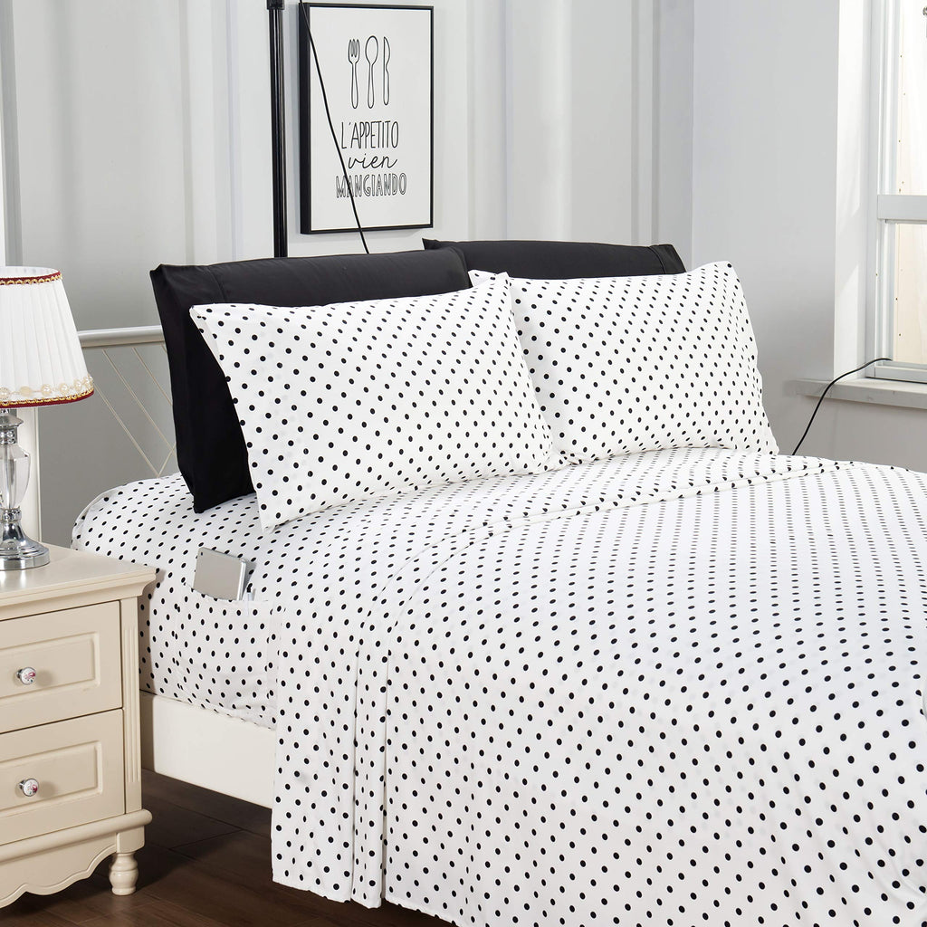 Elegant Comfort Delilah Polkadot 4-Piece Set, Fade & Wrinkle Resistant, 1500 Premium Hotel Quality Microfiber Deep Pocket Fitted Sheet Featuring Smart Pockets, Polkadot Sheet Set, Twin, White