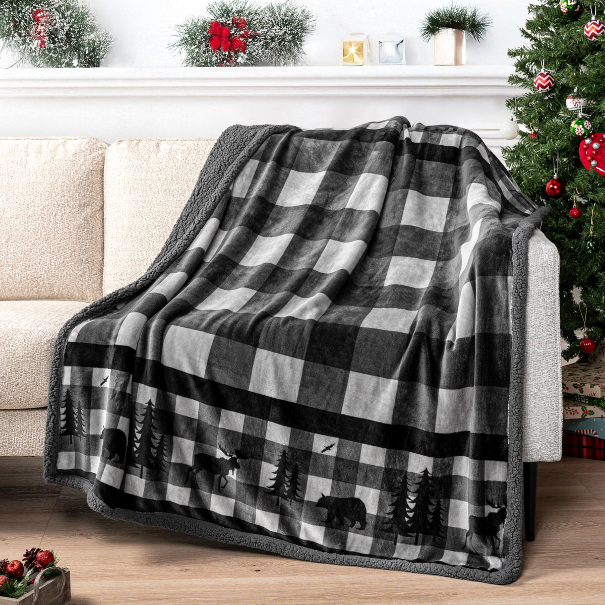 Pavilia Winter Cabin Sherpa Blanket Throw | Flannel Fleece Christmas Blanket | Plaid Holiday Blanket Gift | Plush, Soft, Warm, C