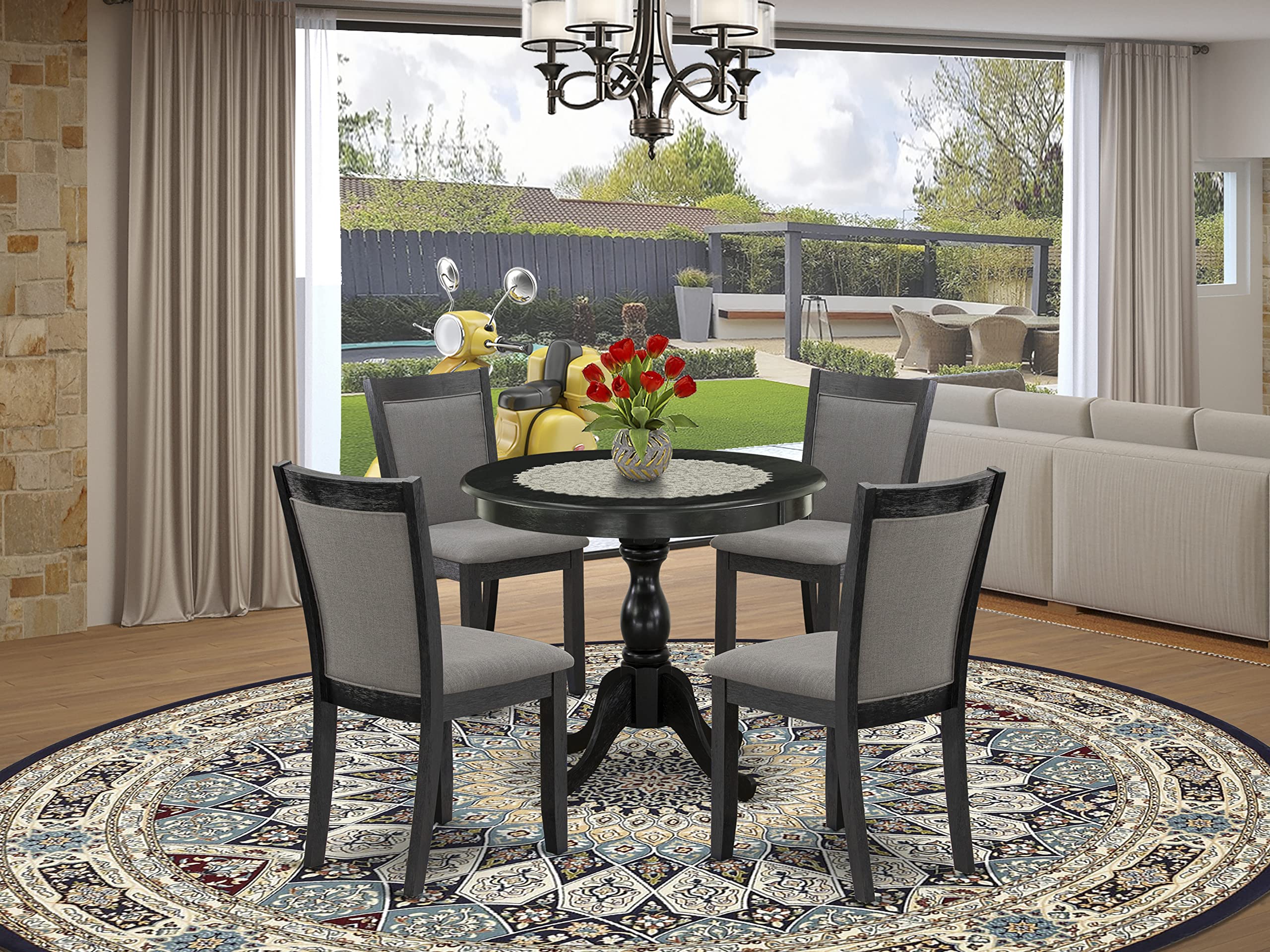East West Furniture AMMZ5-AB6-50 5 Piece Dinette Set Includes a Round Kitchen Table with Pedestal and 4 Dark Gotham Grey Linen Fabric Upholstered Parson Chairs, 36x36 Inch, Wirebrushed Black