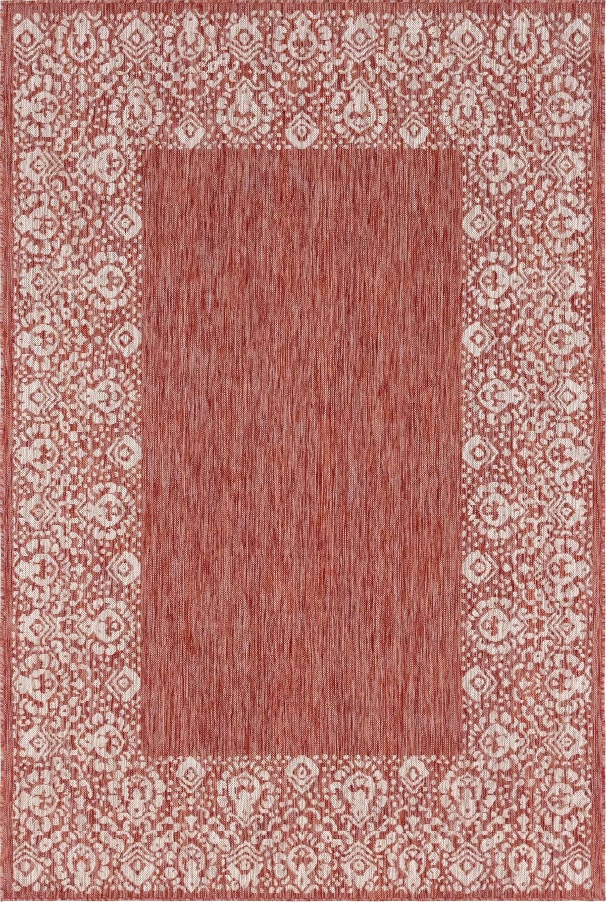 Unique Loom Outdoor Border Collection Area Rug - Floral Border (4' 1' X 6' 1' Rectangle, Rust Red/ Ivory)