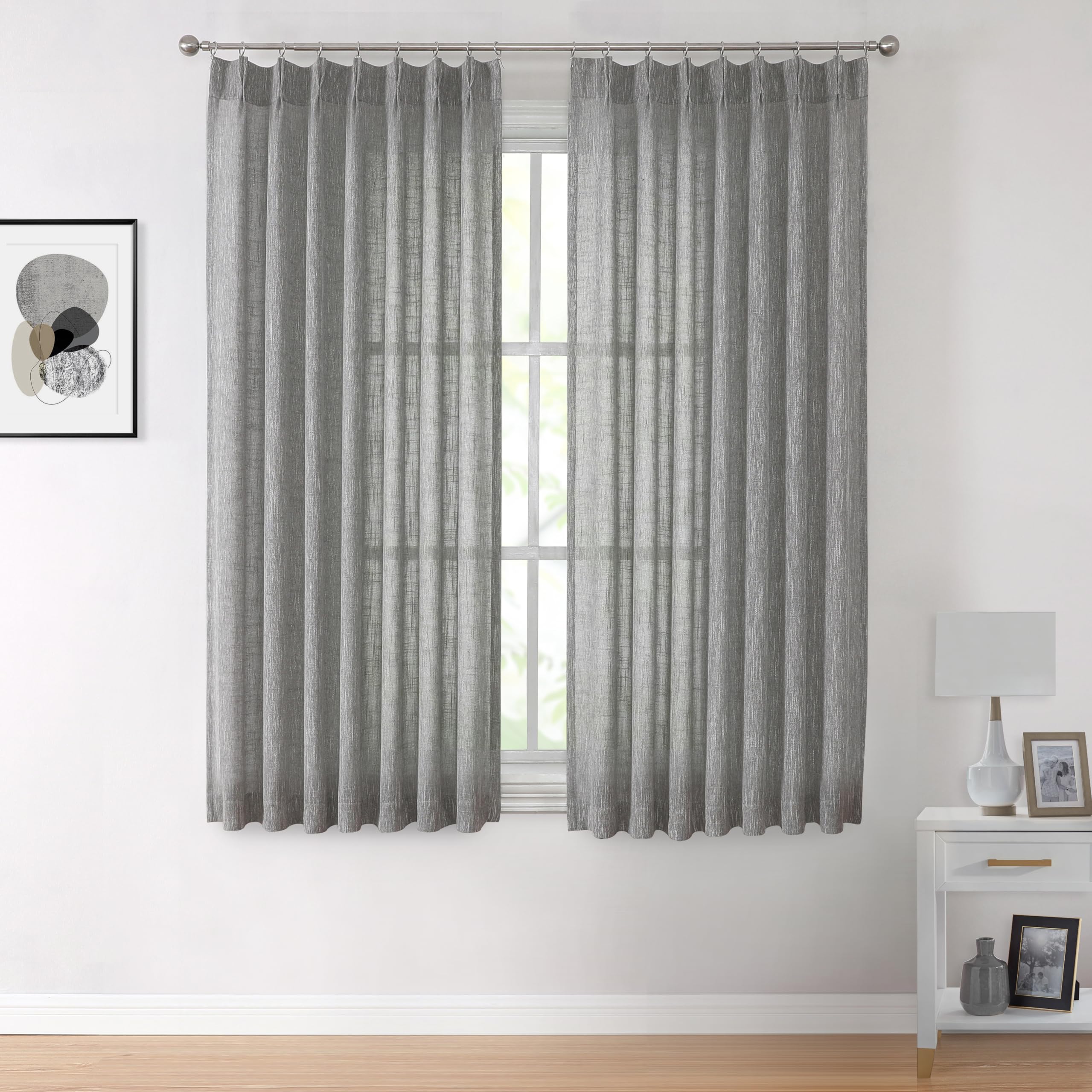Vision Home Pinch Pleated Gray Semi Sheer Curtains Textured Light Filtering Window Curtains 72 Inch For Living Room Bedroom Rayo