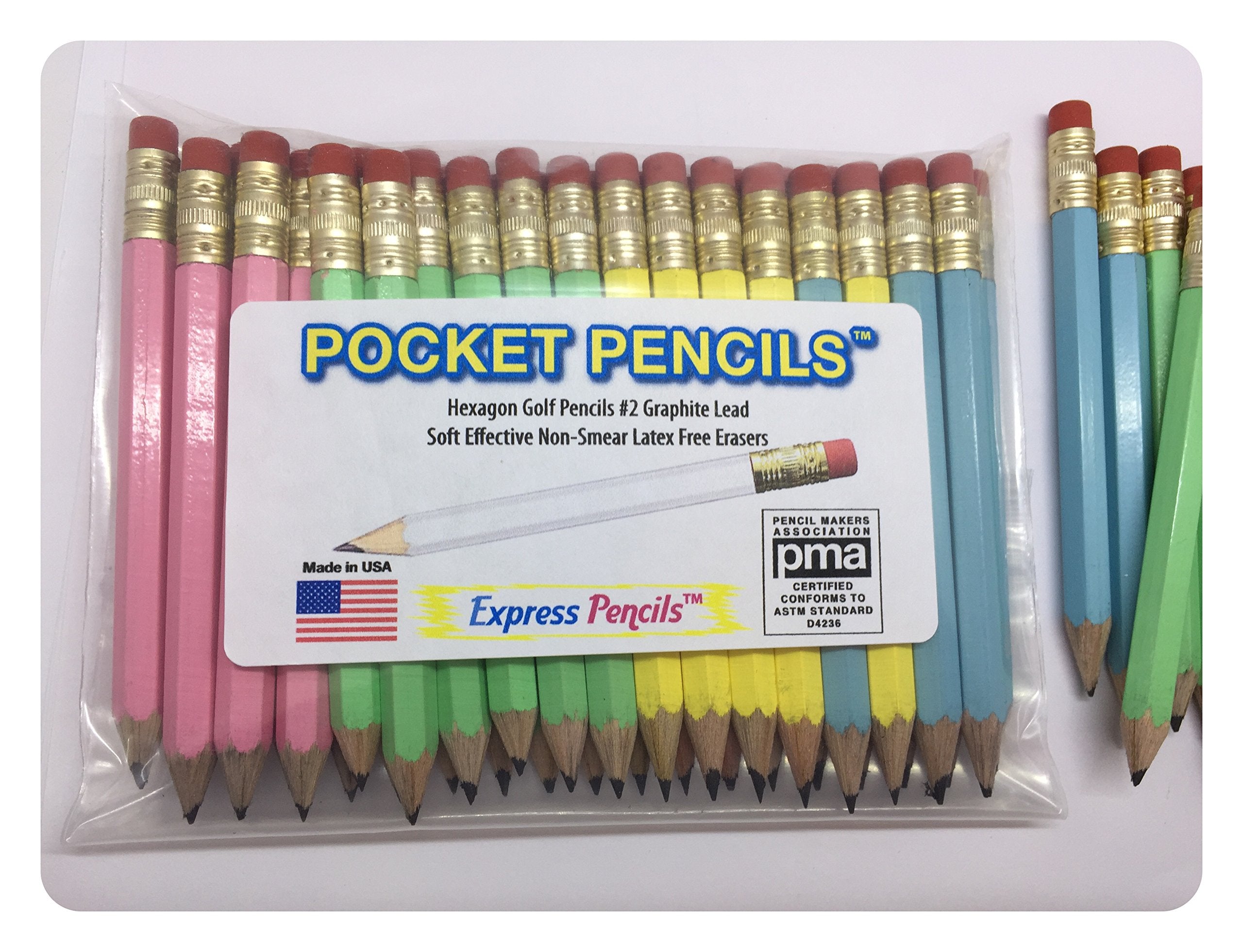 Express Pencils Pastel Assortment Golf Pencils With Eraser - Half, Classroom, Pew, Short, Mini, Small, Non Toxic - Hexagon, Shar
