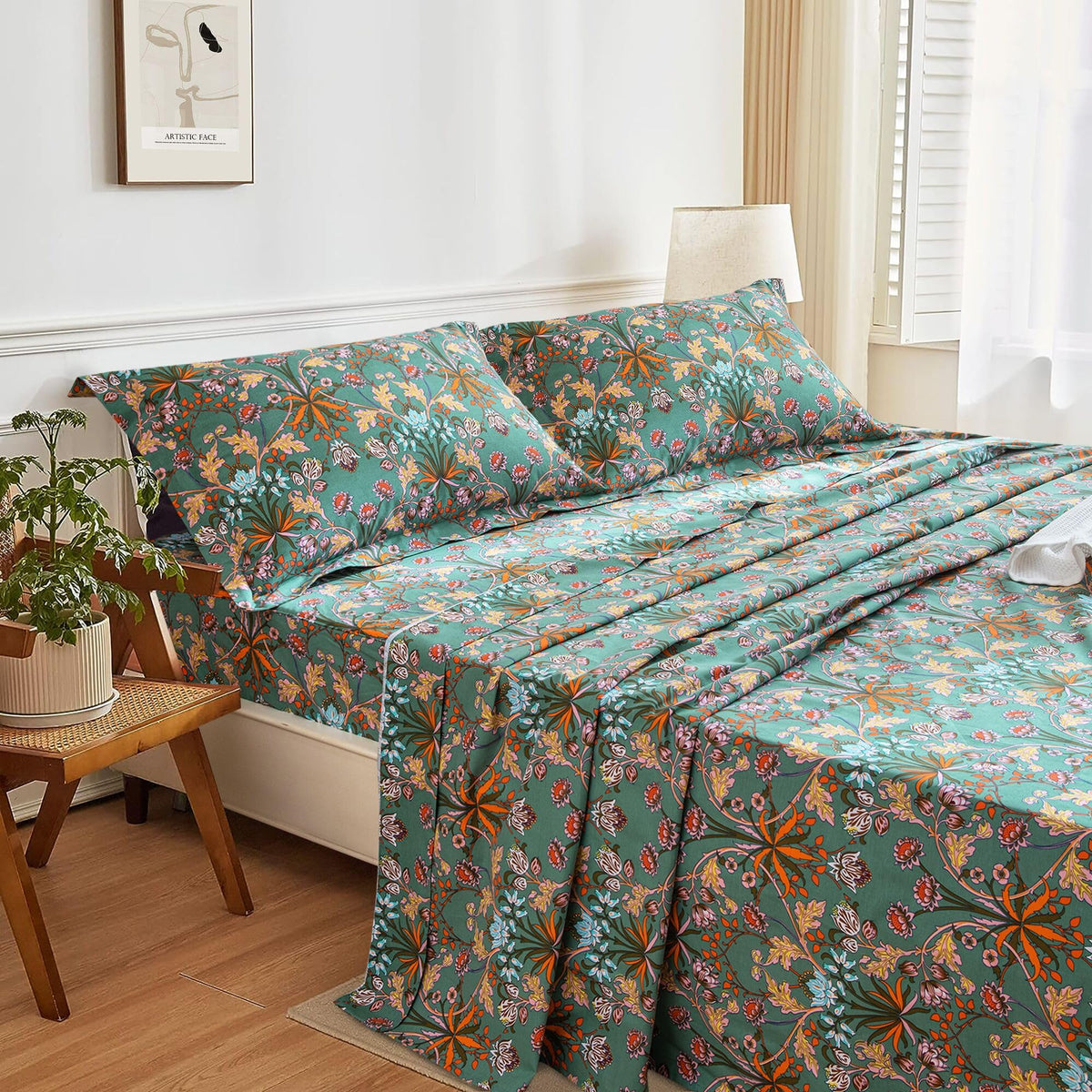 Lady Ann 100% Cotton Floral King Size Sheets Set Deep Pocket, Vibrant Paisley Flowers Printed On Green Pattern Bedding Sheets Fo