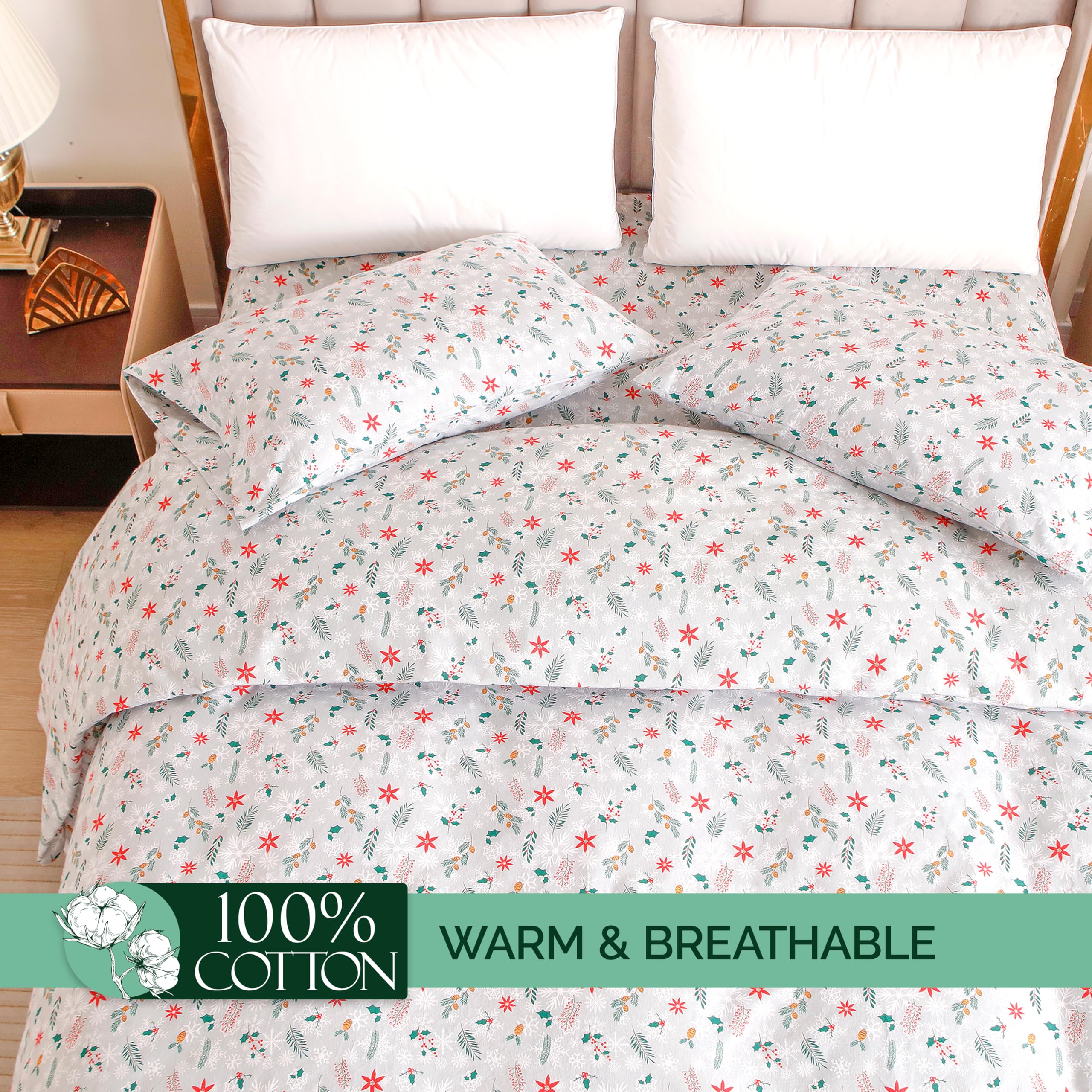 Elegant Comfort Ultra Soft 4-Piece 100% Turkish Cotton Flannel Sheet Set - Holiday Christmas Flannel Sheets, Warm And Cozy Premium Quality, Deep Pocket Fitted Sheet- Full, Poinsettia