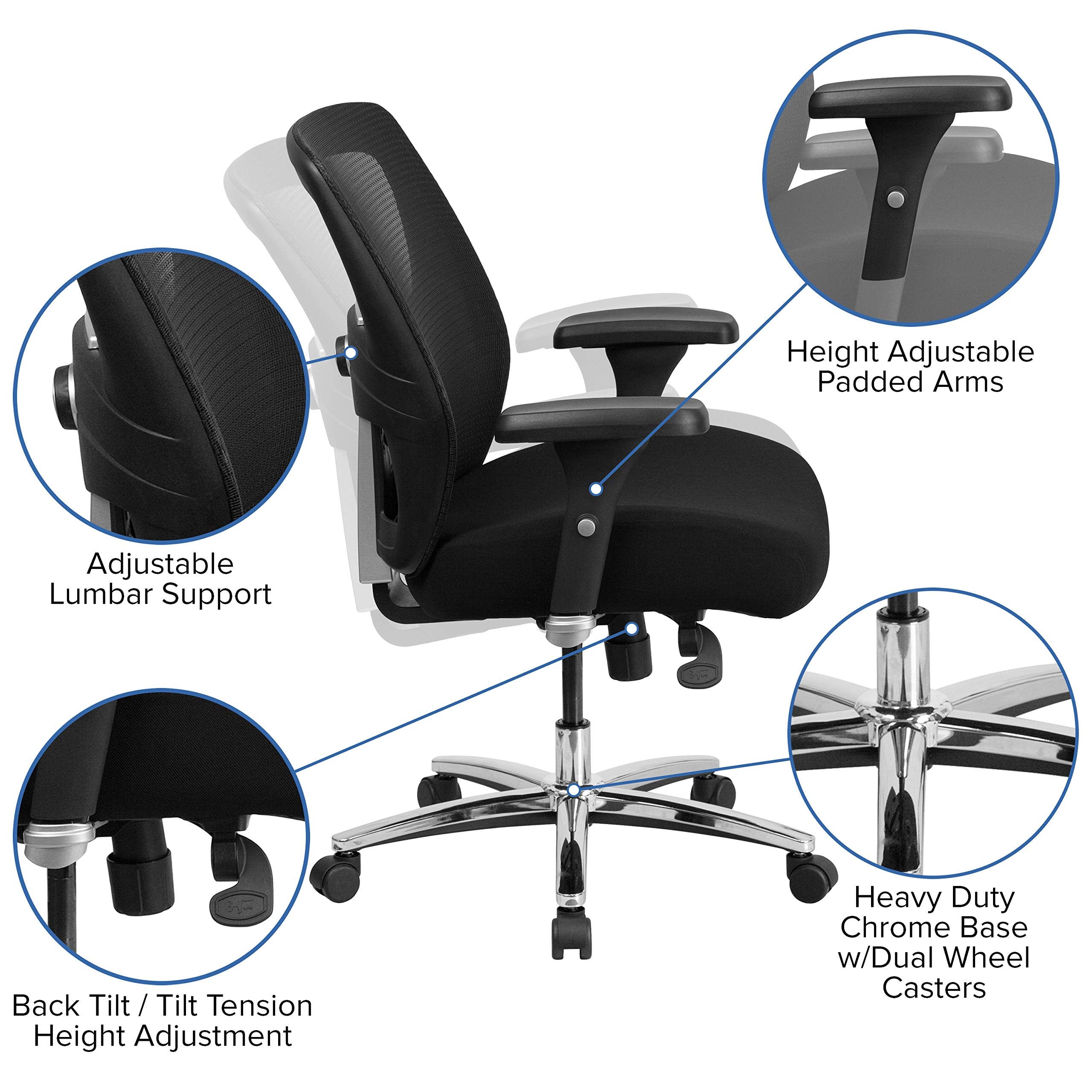 Flash Furniture Hercules Series Big & Tall Swivel Office and Gaming Chair, Ergonomic Mesh Office Chair with Padded Seat and Ratchet Back, Black
