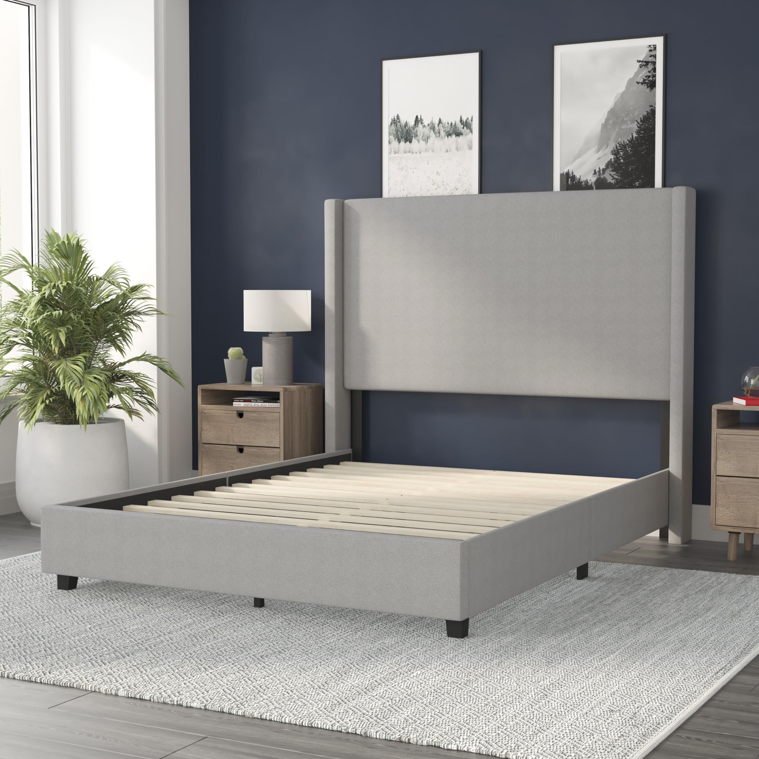 Flash Furniture Quinn Upholstered Platform Bed - Gray Channel Stitched Wingback Headboard - Queen - Mattress Foundation with Slatted Supports - No Box Spring Needed