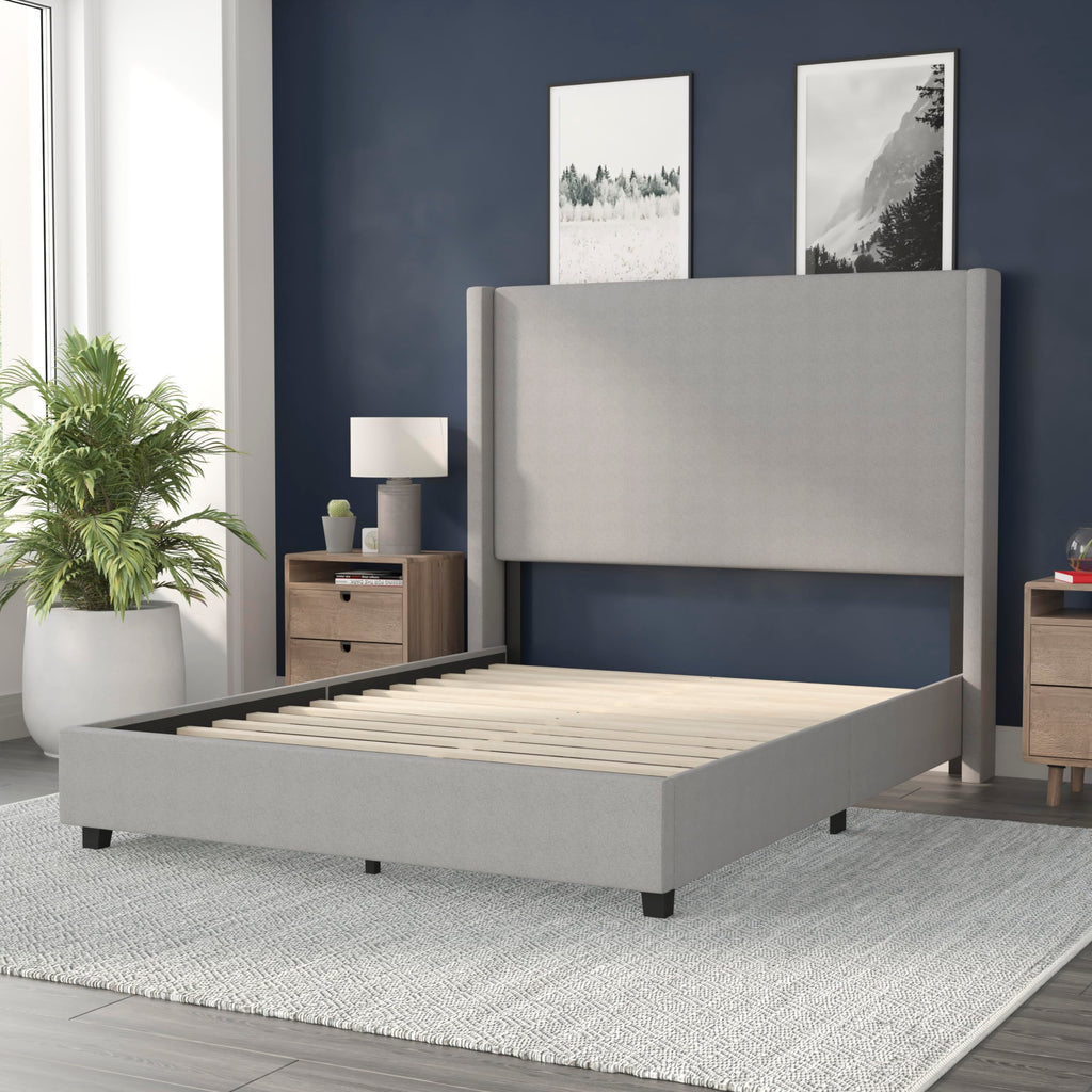 Flash Furniture Quinn Upholstered Platform Bed - Gray Channel Stitched Wingback Headboard - Queen - Mattress Foundation with Slatted Supports - No Box Spring Needed