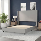 Flash Furniture Quinn Upholstered Platform Bed - Gray Channel Stitched Wingback Headboard - Queen - Mattress Foundation with Slatted Supports - No Box Spring Needed