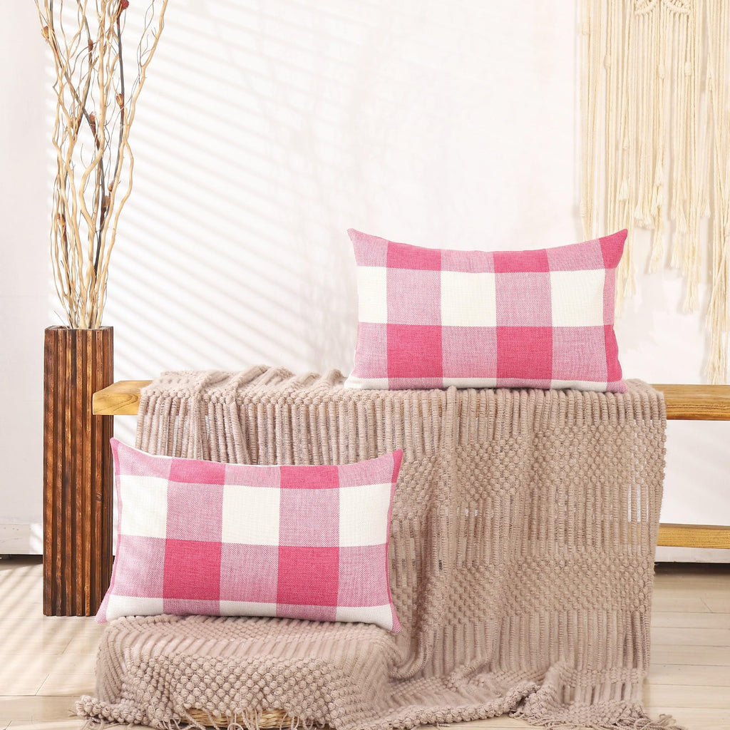 Carrie Home Pink Room Decorations Light Pink Buffalo Plaid Lumbar Pillow Covers 12X20 Set Of 2 Pink Checkered Pillow Covers 12 X